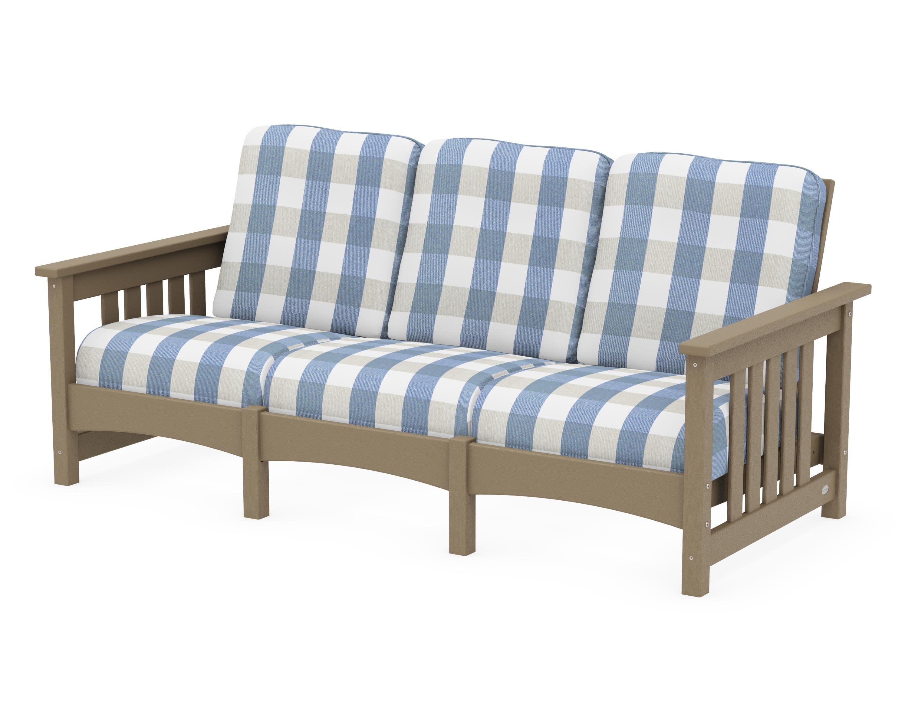 Club Mission Sofa in Vintage Sahara / Buffalo Plaid Sky Blue