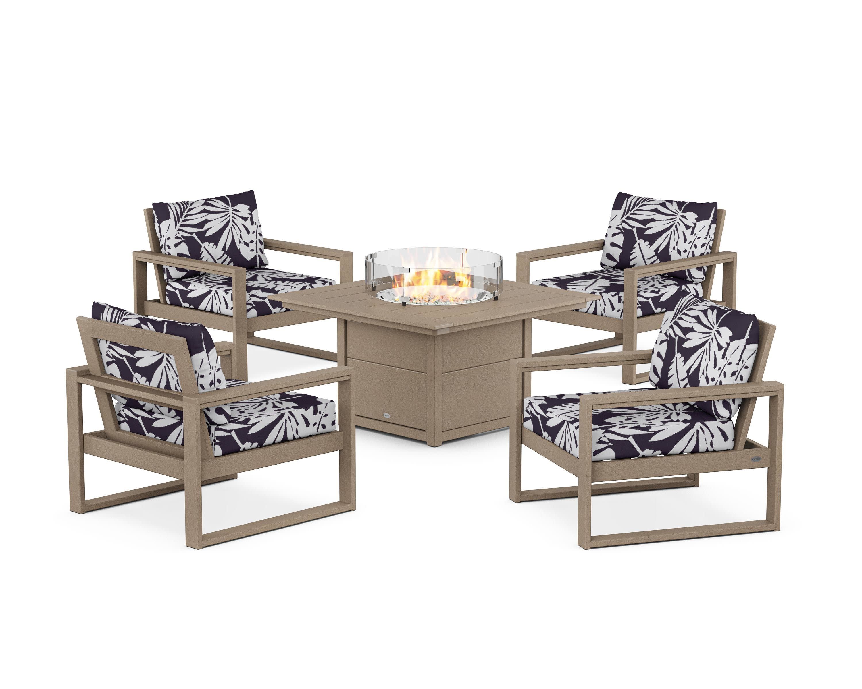 EDGE Sectional 5-Piece Deep Seating Set with Fire Pit Table in Vintage Sahara / Leaf Navy