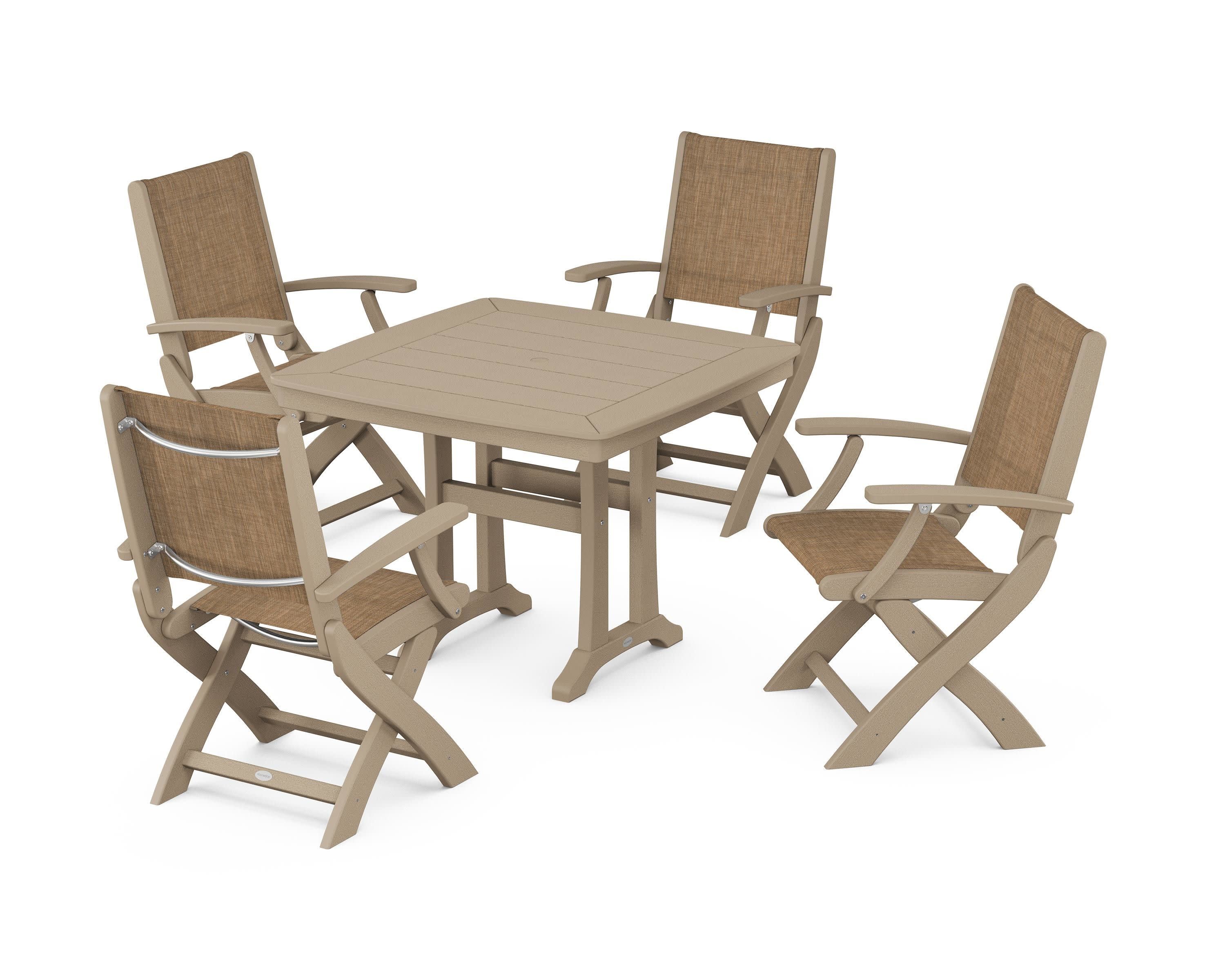 Coastal Folding Chair 5-Piece Dining Set with Trestle Legs in Vintage Sahara / Burlap Sling