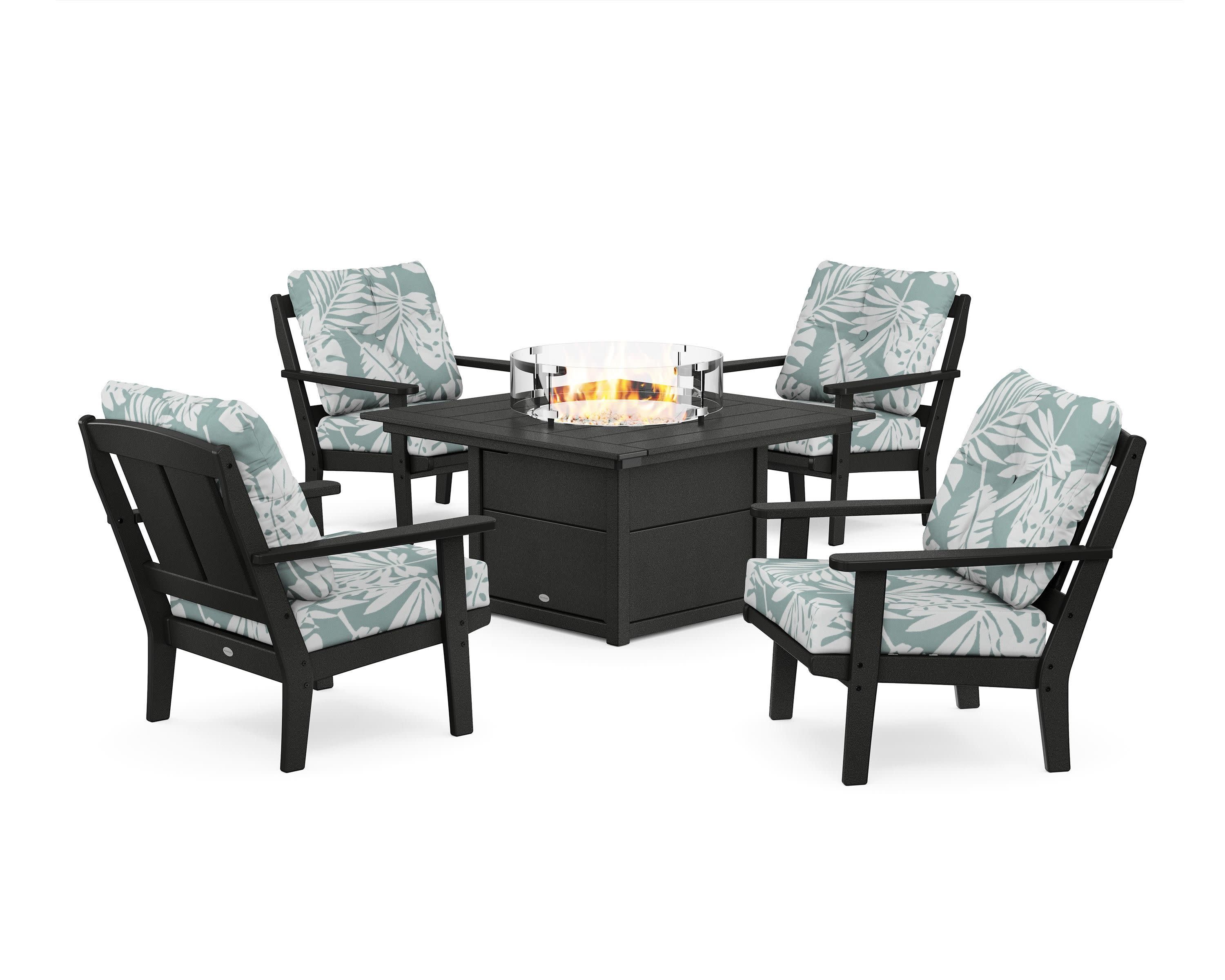 Mission 5-Piece Deep Seating Set with Fire Pit Table in Black / Leaf Glacier Spa