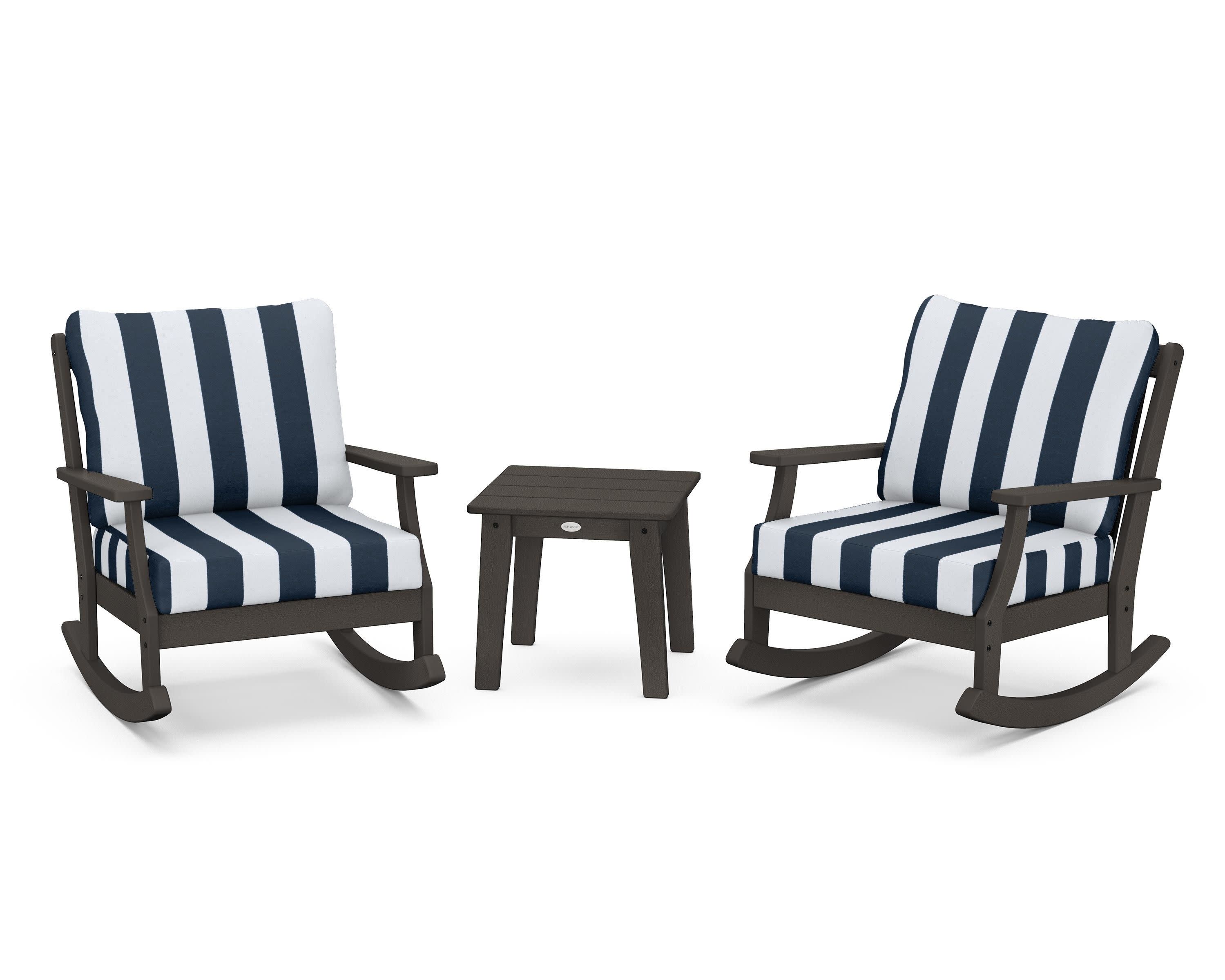 Braxton 3-Piece Deep Seating Rocker Set in Vintage Coffee / Cabana Stripe Marine Indigo