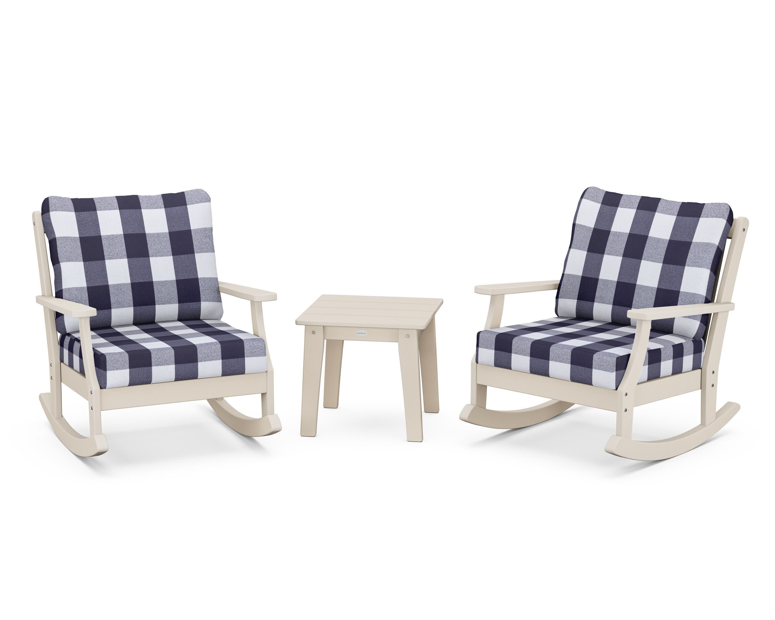 Braxton 3-Piece Deep Seating Rocker Set in Sand / Buffalo Plaid Navy