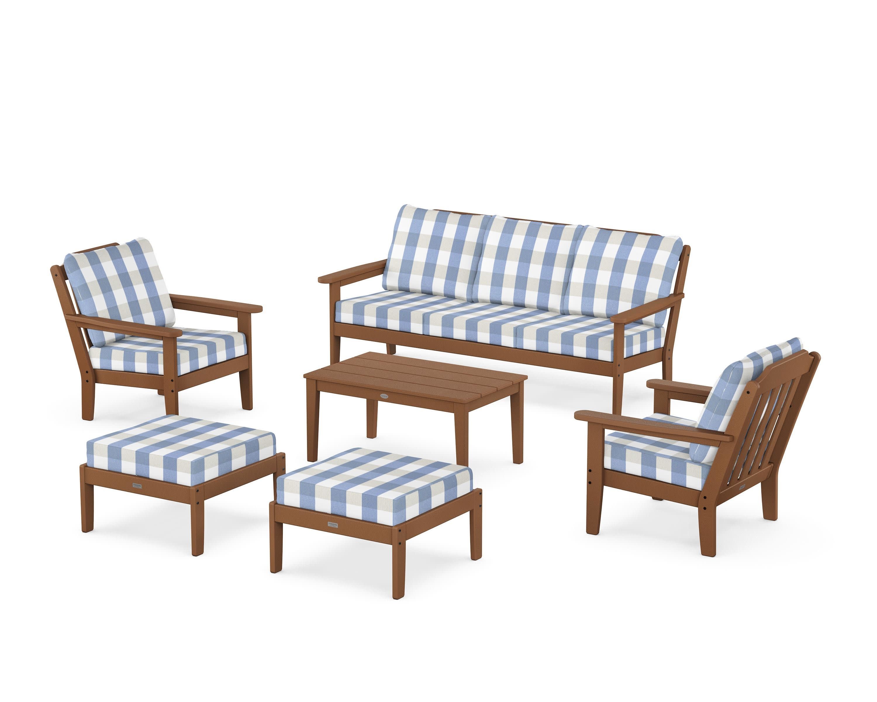 Cottage 6-Piece Lounge Sofa Set in Teak / Buffalo Plaid Sky Blue