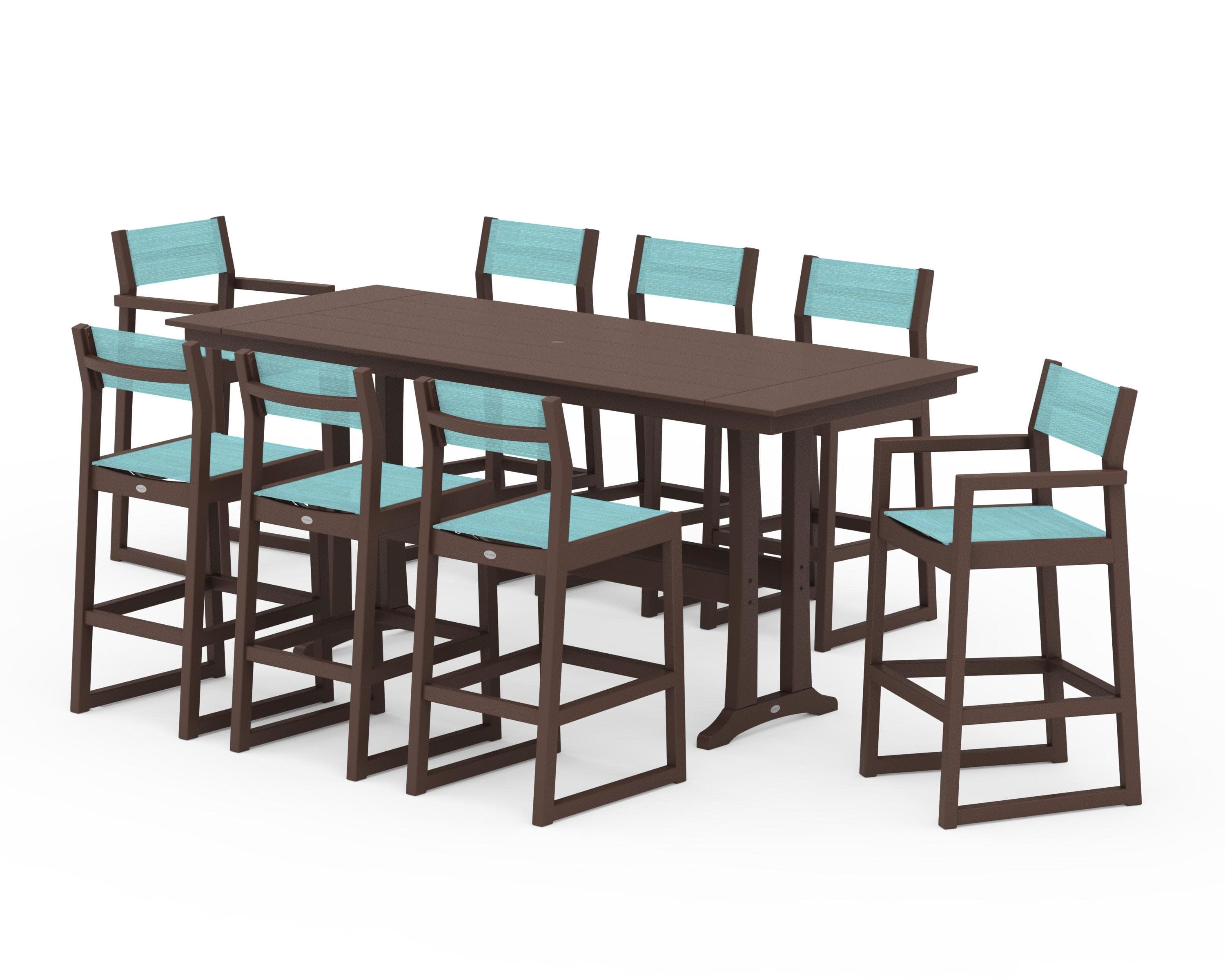 EDGE Sling 9-Piece Farmhouse Bar Set with Trestle Legs in Mahogany / Dupioni Aquamarine Sling