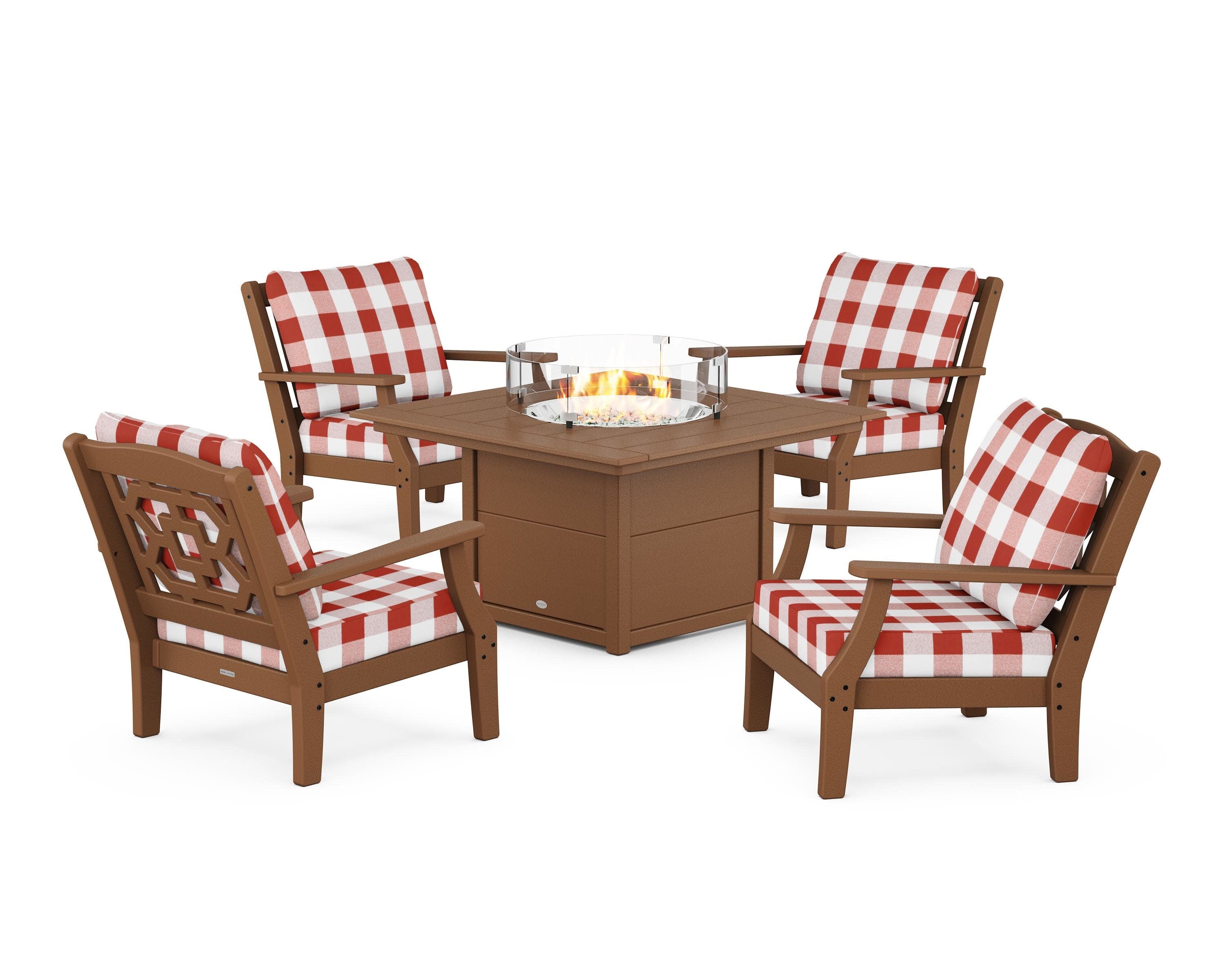 Chinoiserie 5-Piece Deep Seating Set with Fire Pit Table in Teak / Buffalo Plaid Crimson