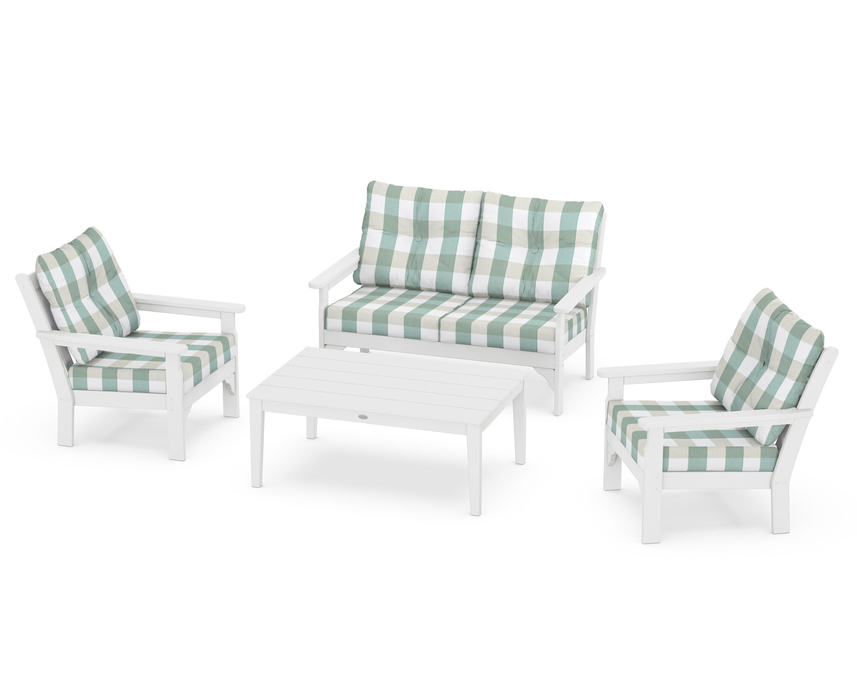 Vineyard 4-Piece Deep Seating Set in White / Buffalo Plaid Glacier Spa