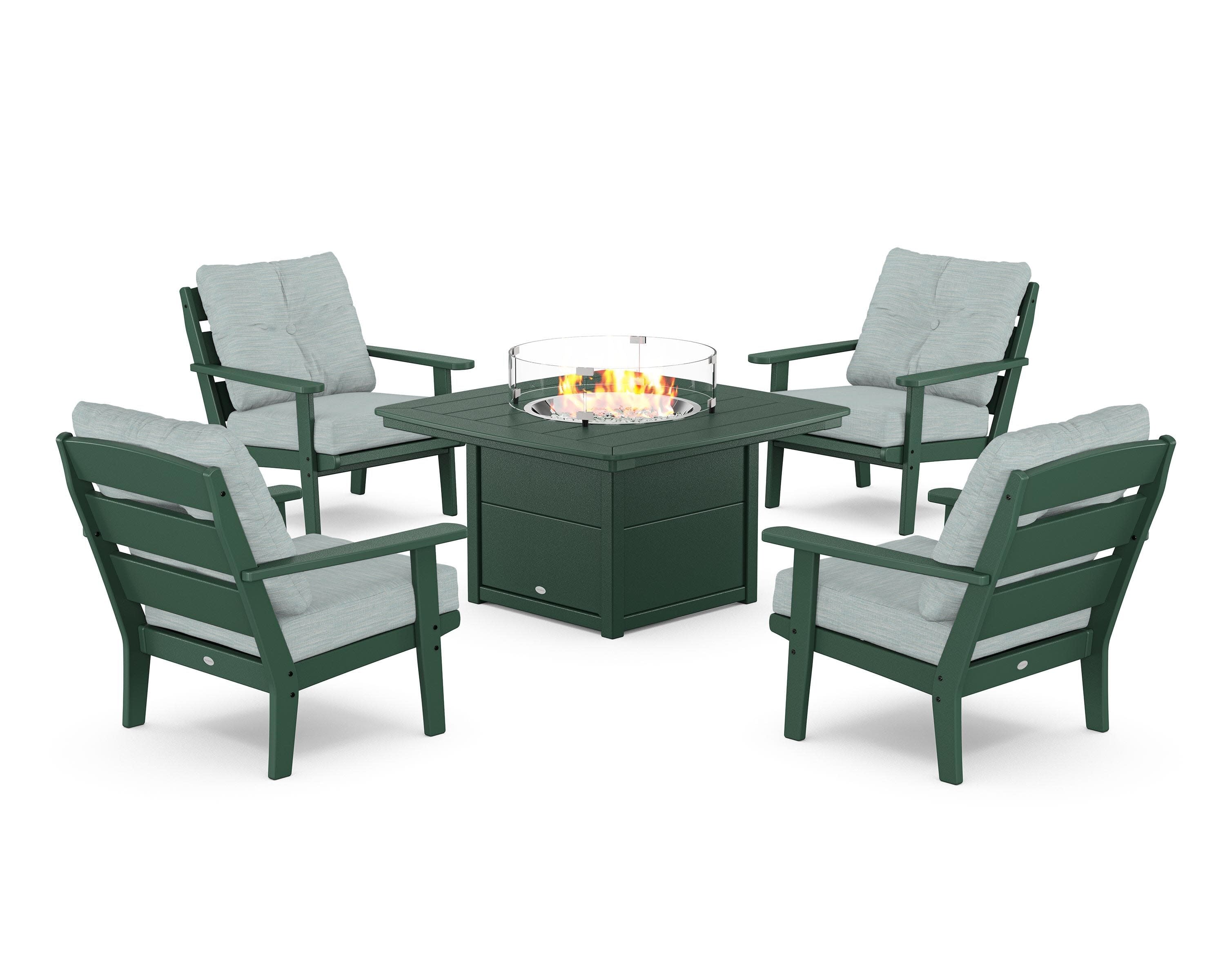 Lakeside 5-Piece Deep Seating Set with Nautical Fire Pit Table in Green / Soothe Mist