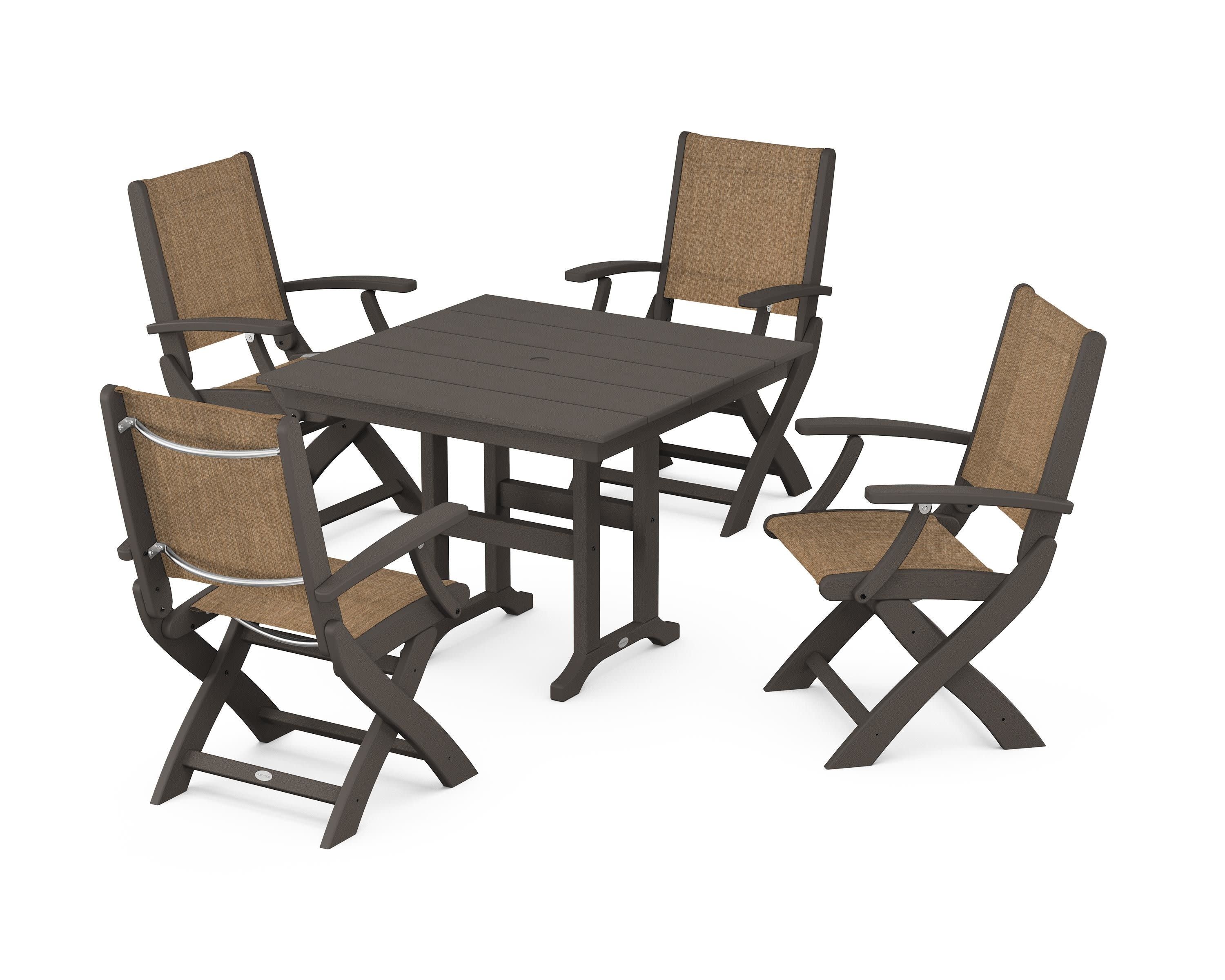 Coastal Folding Chair 5-Piece Farmhouse Dining Set in Vintage Coffee / Burlap Sling