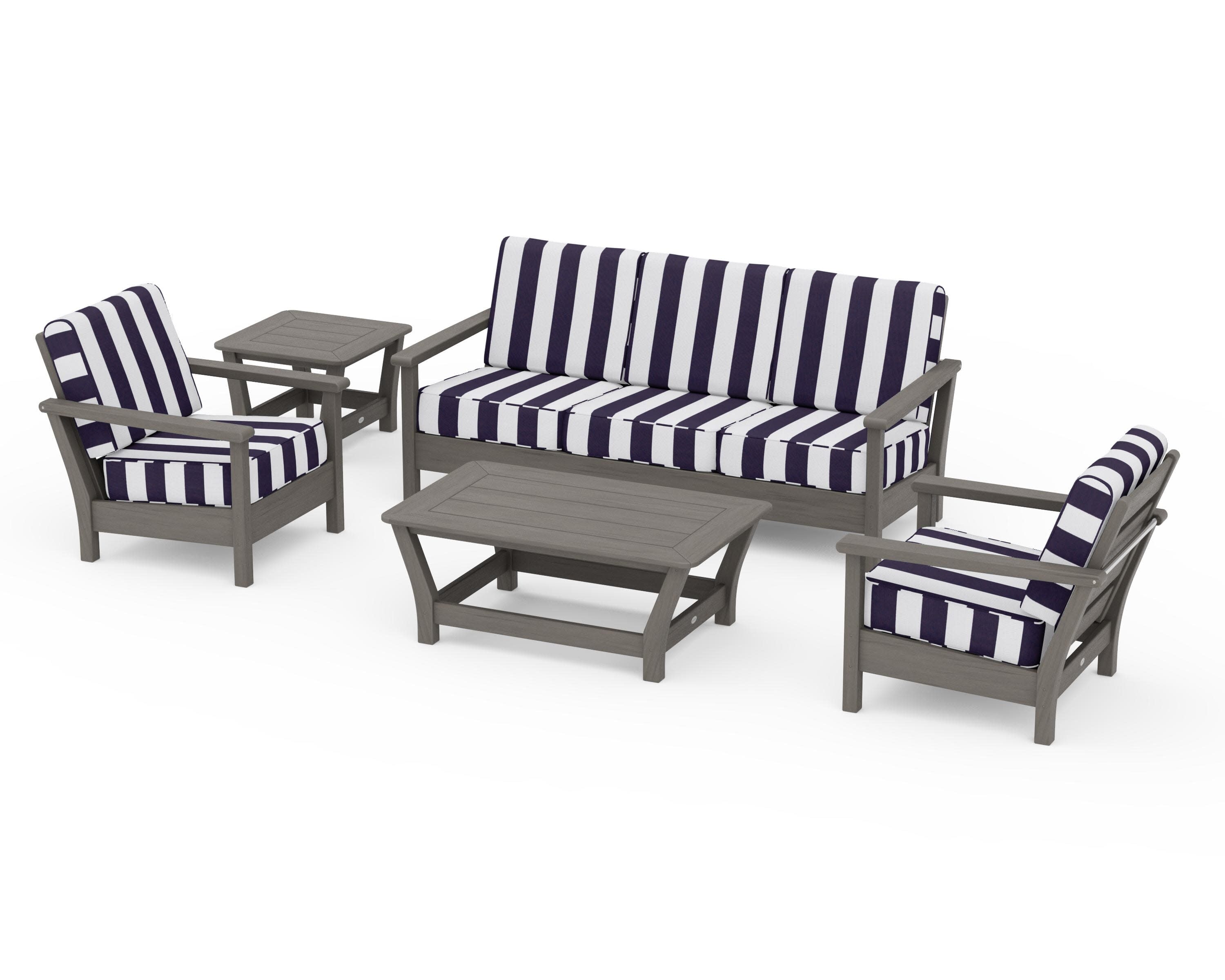 Harbour 5-Piece Deep Seating Set in Driftwood / Cabana Stripe Navy