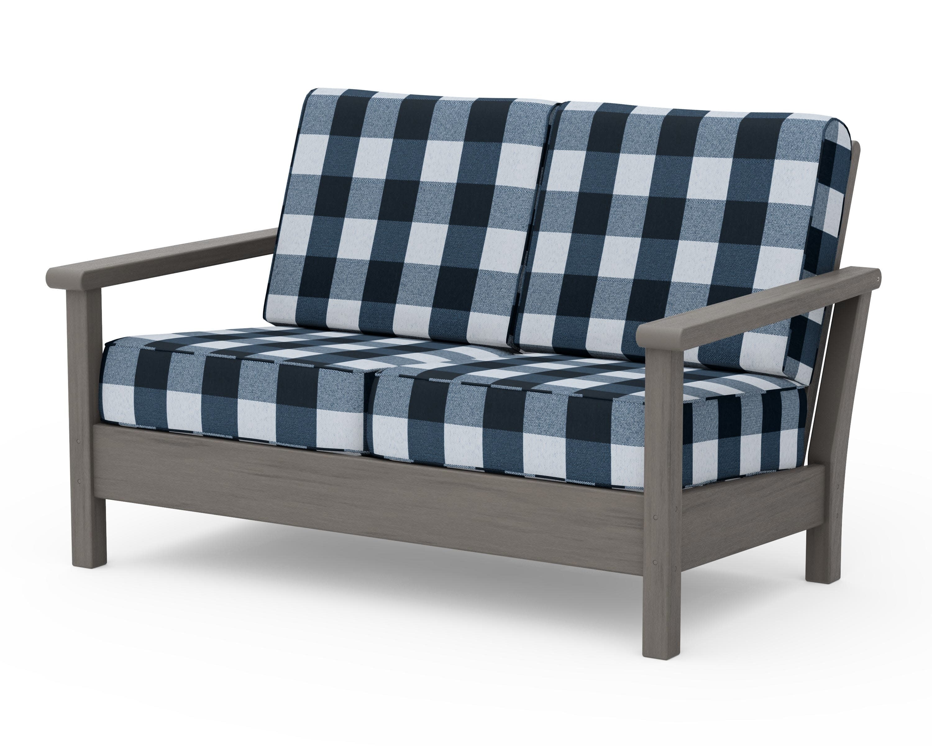 Harbour Deep Seating Loveseat in Driftwood / Buffalo Plaid Marine Indigo