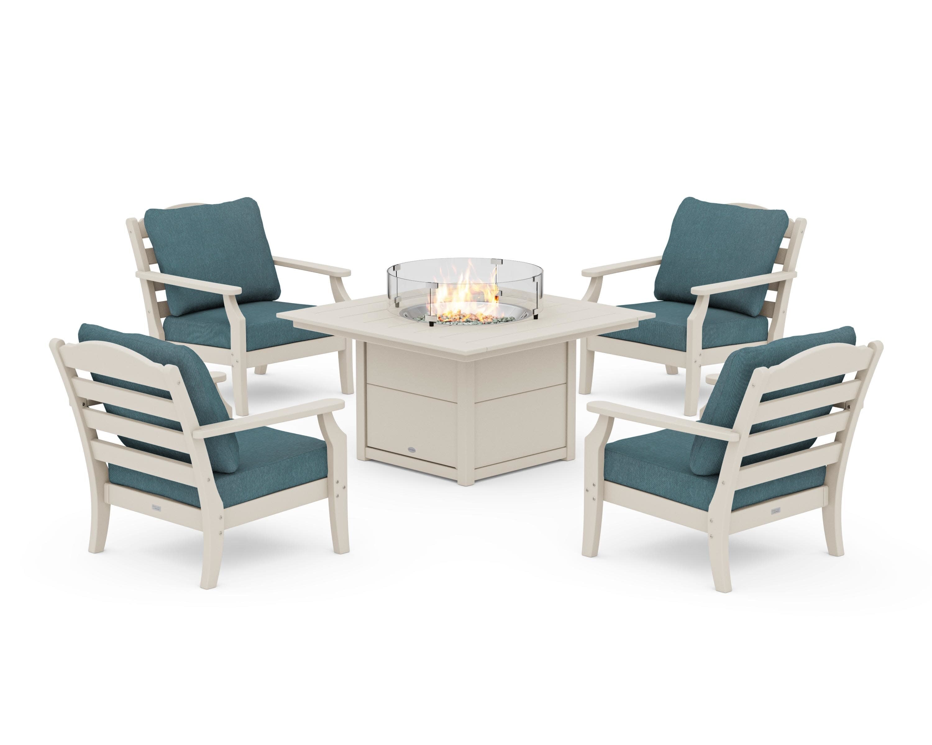 Savannah 5-Piece Deep Seating Set with Fire Pit Table in Sand / Ocean Teal