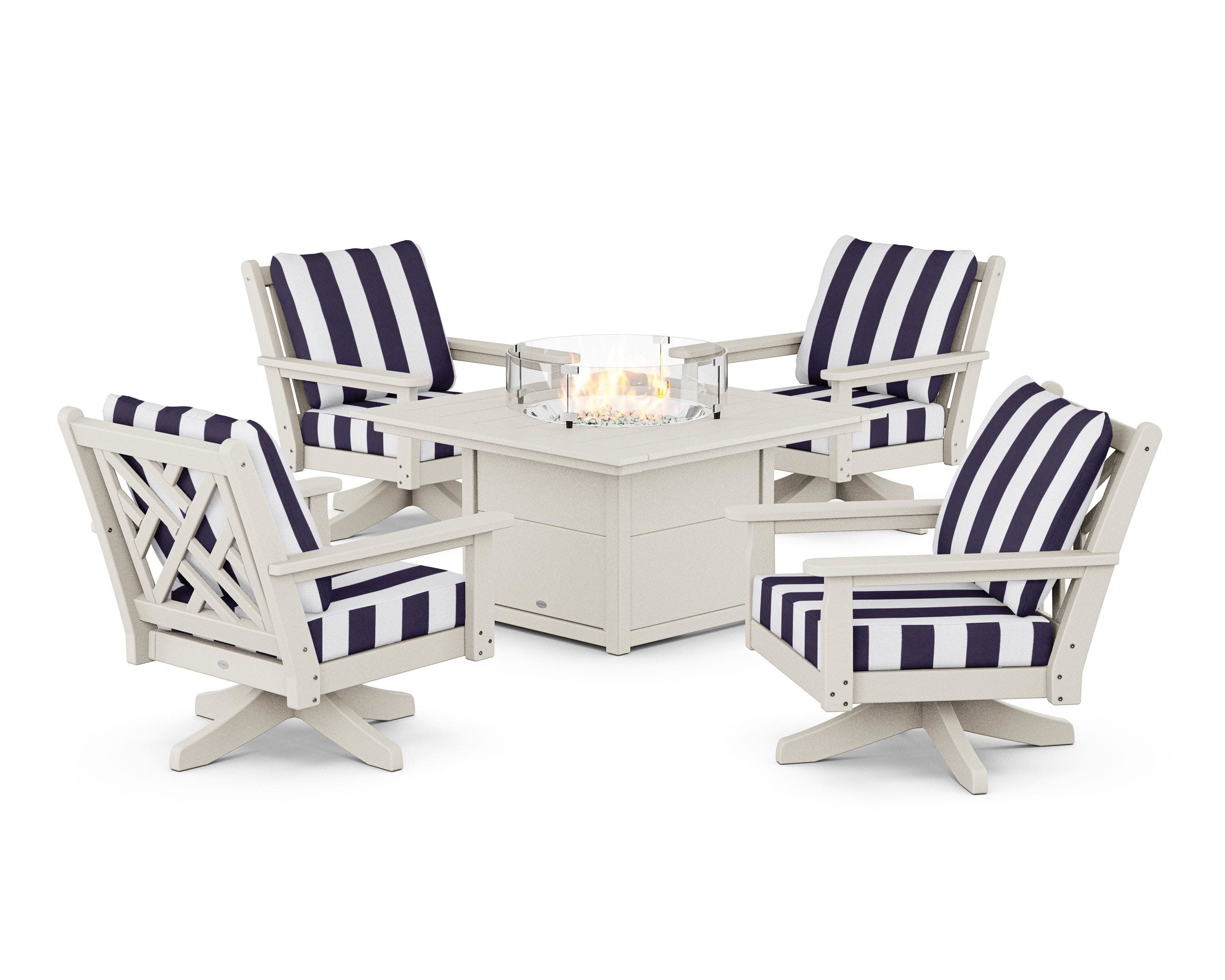 Chippendale 5-Piece Deep Seating Swivel Conversation Set with Fire Pit Table in Sand / Cabana Stripe Navy
