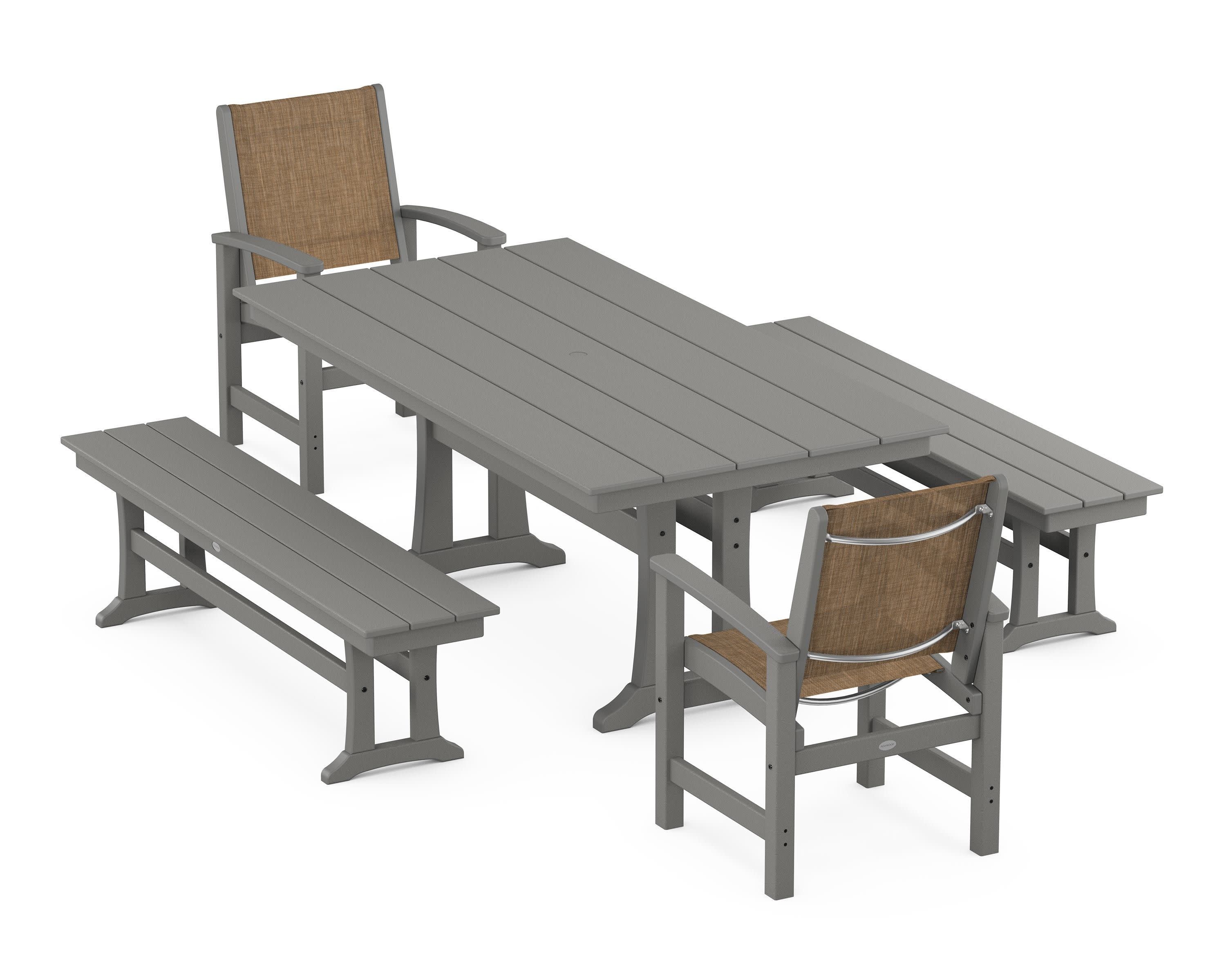 Coastal 5-Piece Farmhouse Dining Set with Trestle Legs and Benches in Slate Grey / Burlap Sling