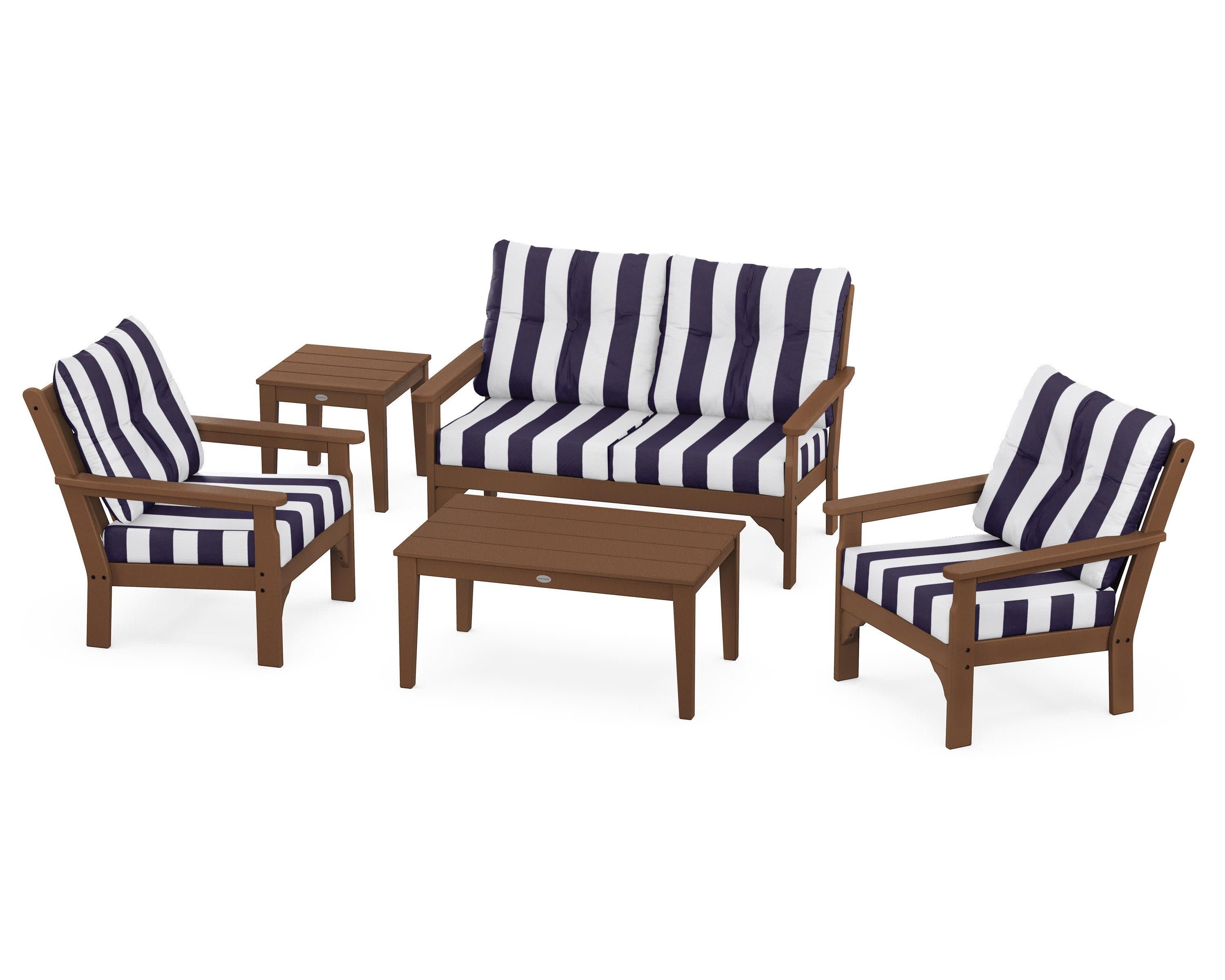 Vineyard 5-Piece Deep Seating Set in Teak / Cabana Stripe Navy