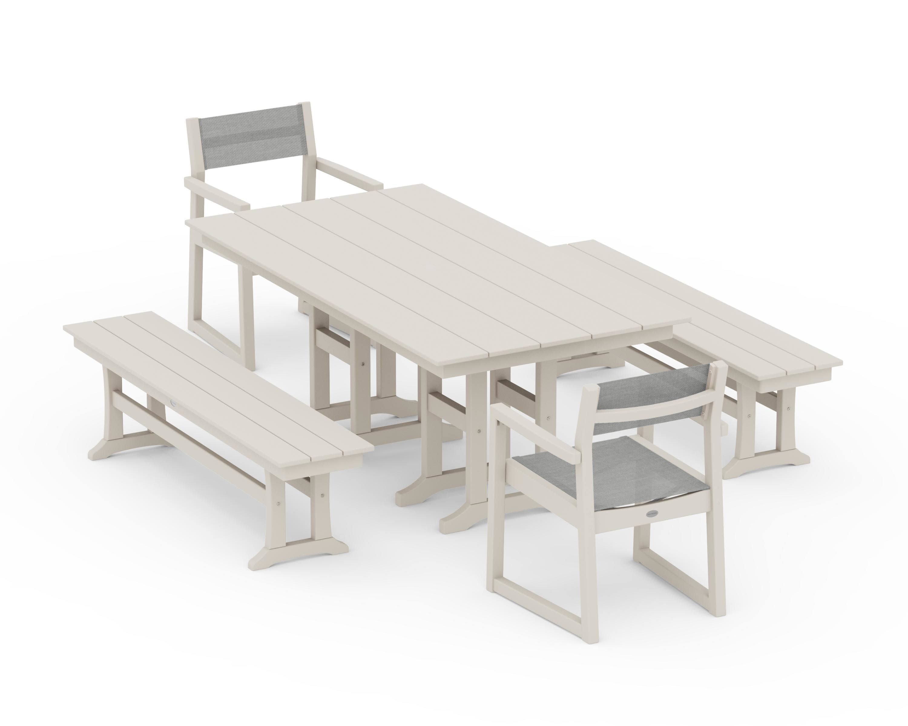 EDGE Sling Arm Chair 5-Piece Farmhouse Dining Set with Benches in Sand / Metallic Sling