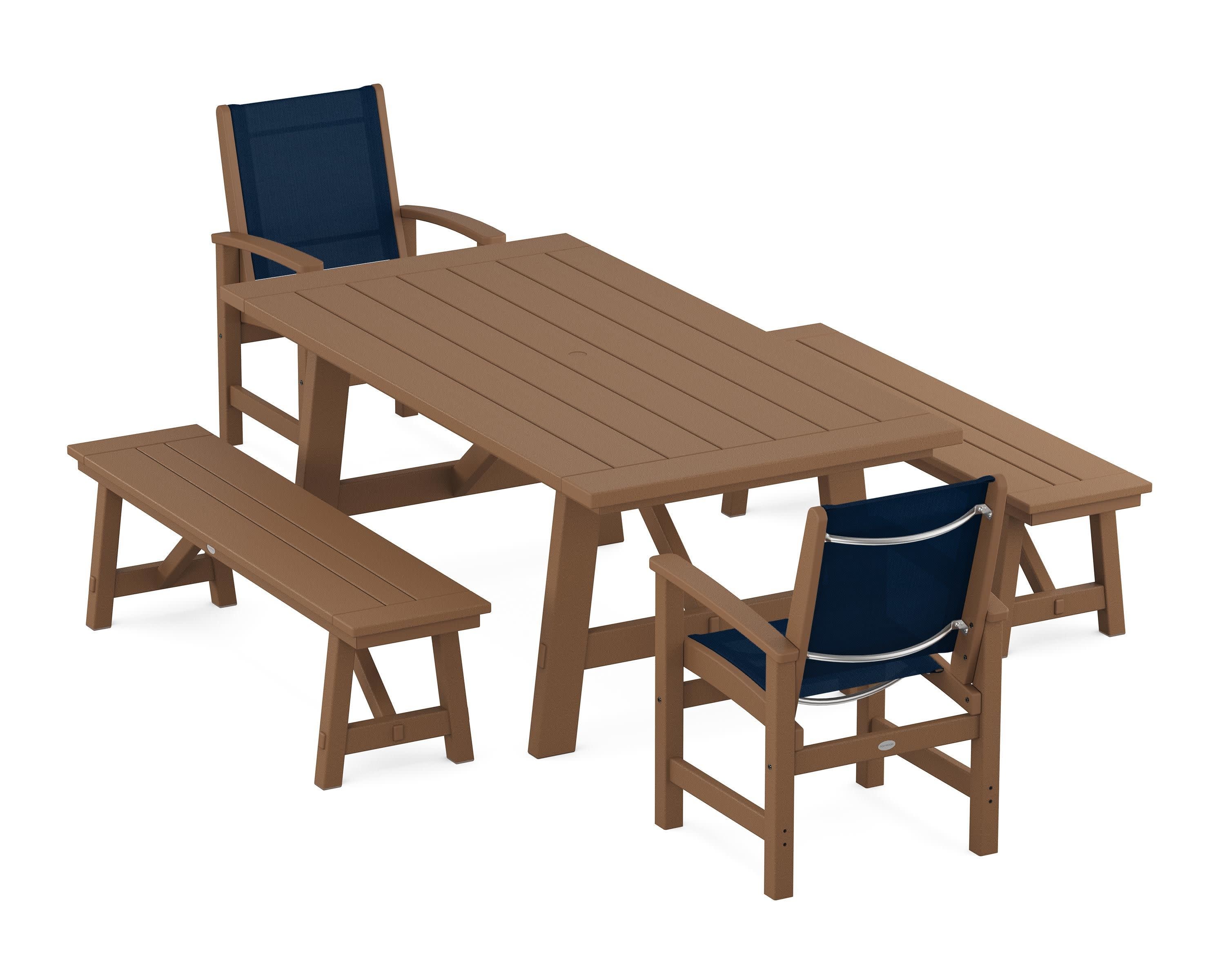 Coastal 5-Piece Rustic Farmhouse Dining Set With Benches in Teak / Navy Blue Sling