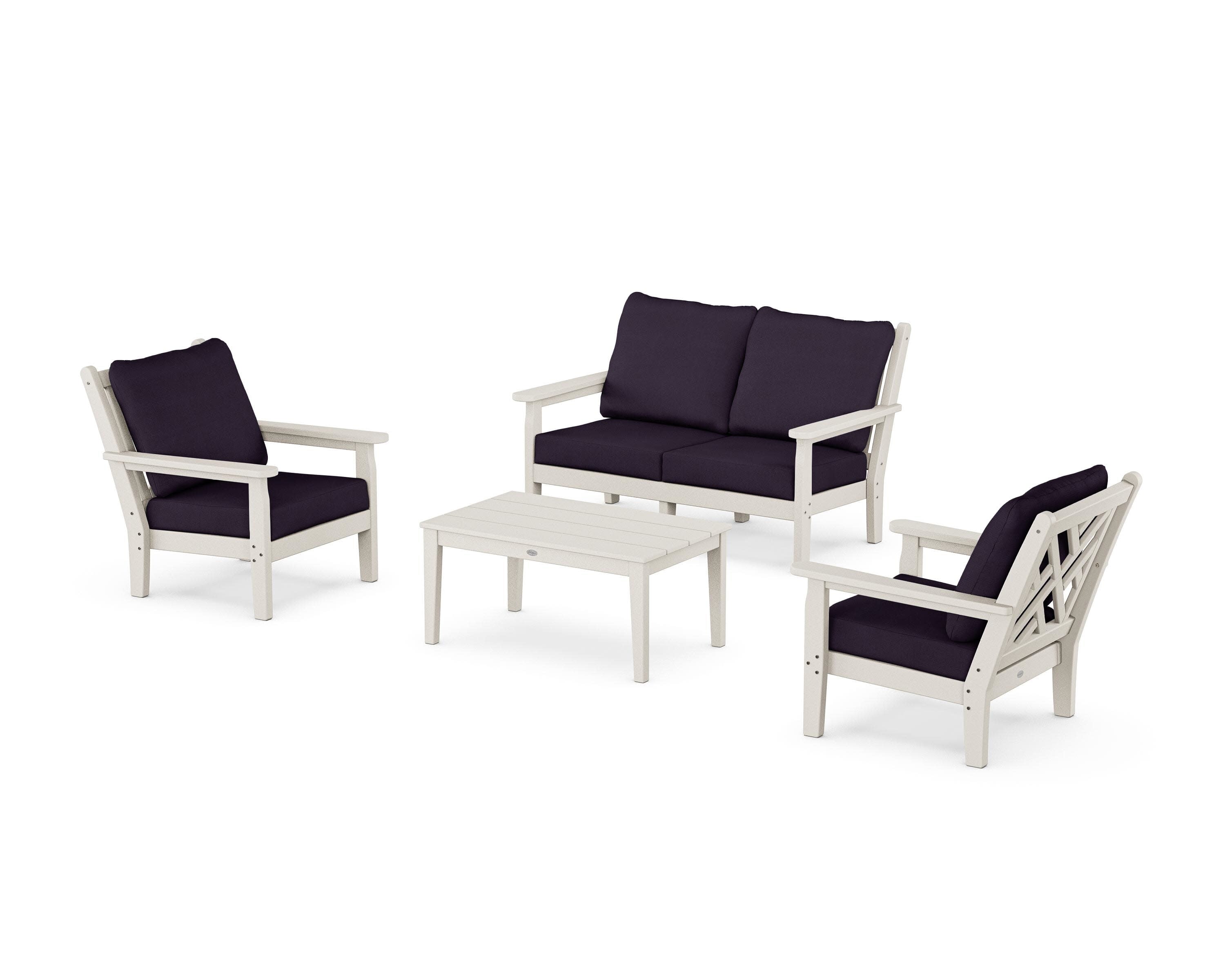 Chippendale 4-Piece Deep Seating Set with Loveseat in Sand / Navy Linen