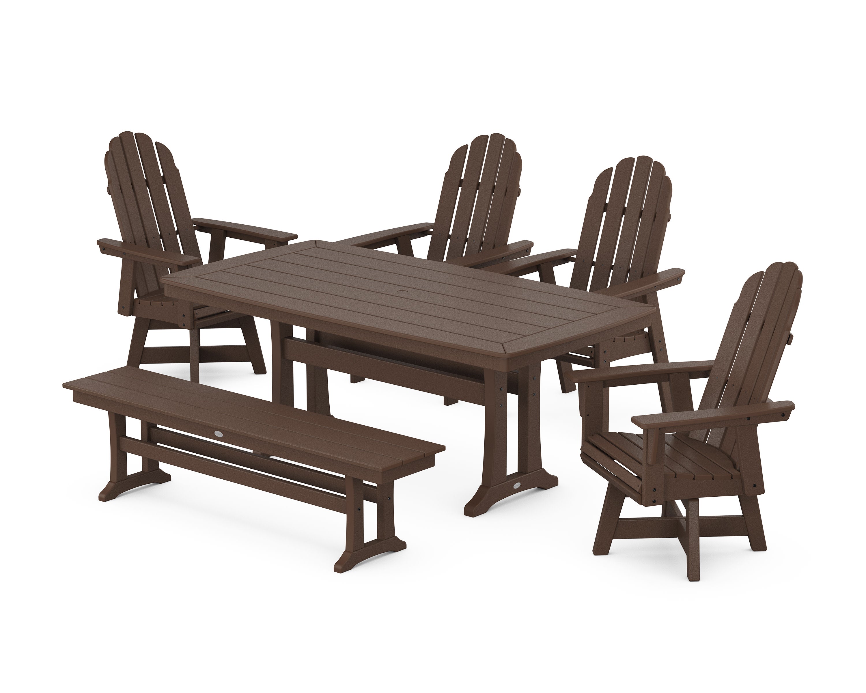 Vineyard Curveback Adirondack Swivel Chair 6-Piece Dining Set with Trestle Legs and Bench in Mahogany