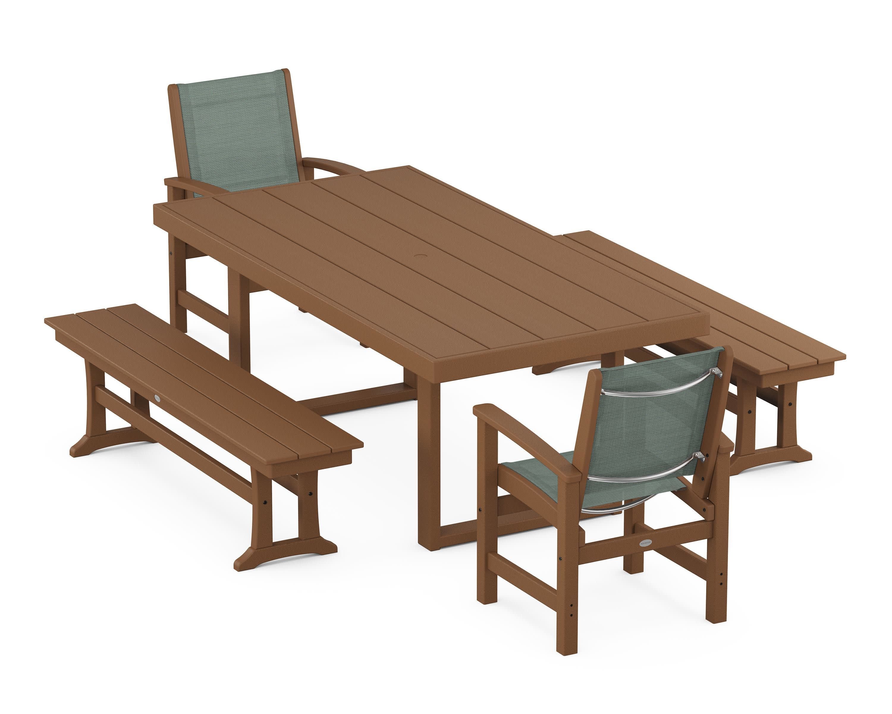 Coastal 5-Piece Dining Set with Trestle Legs in Teak / Dupioni Sea Mist Sling