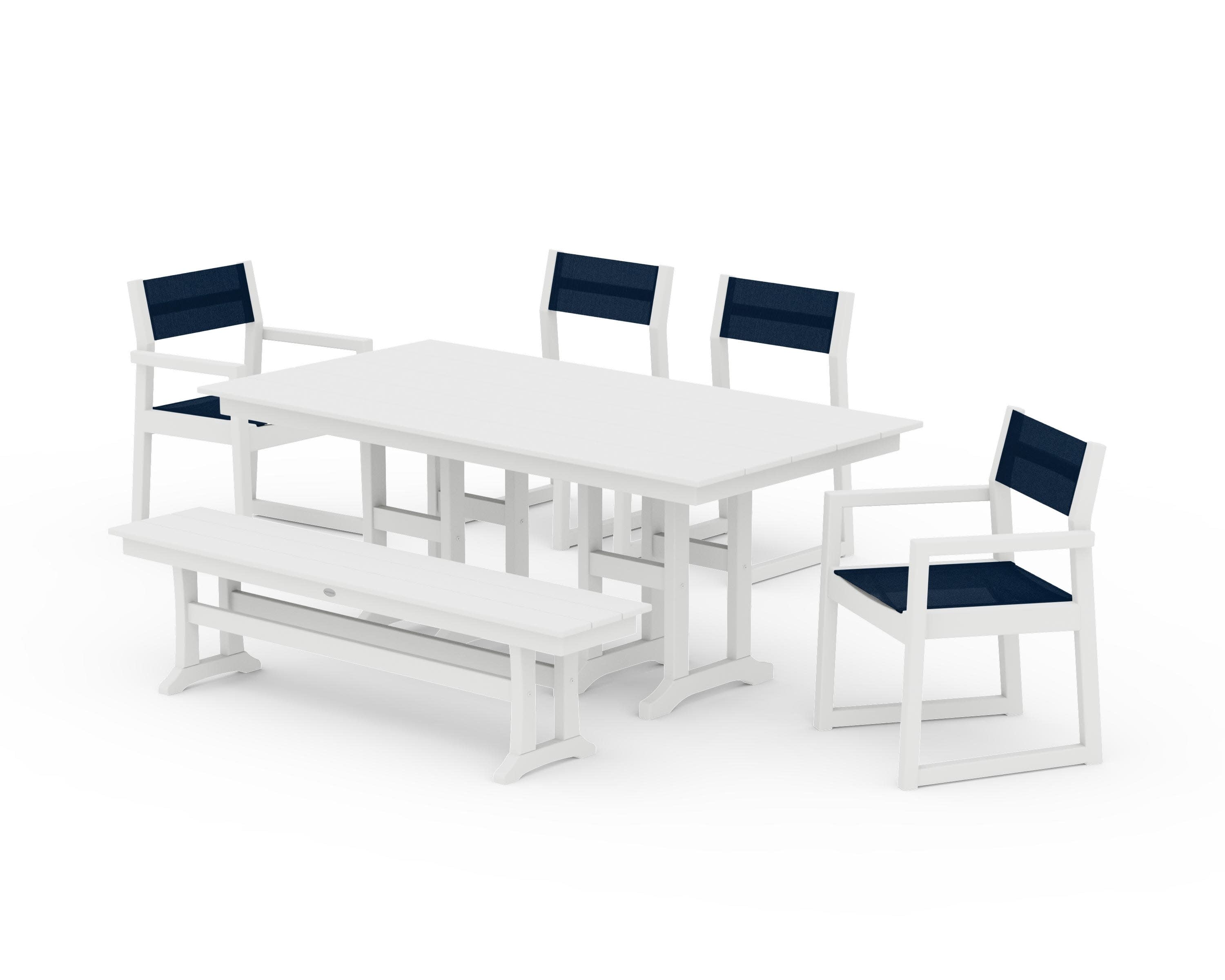 EDGE Sling 6-Piece Farmhouse Dining Set in White / Navy Blue Sling