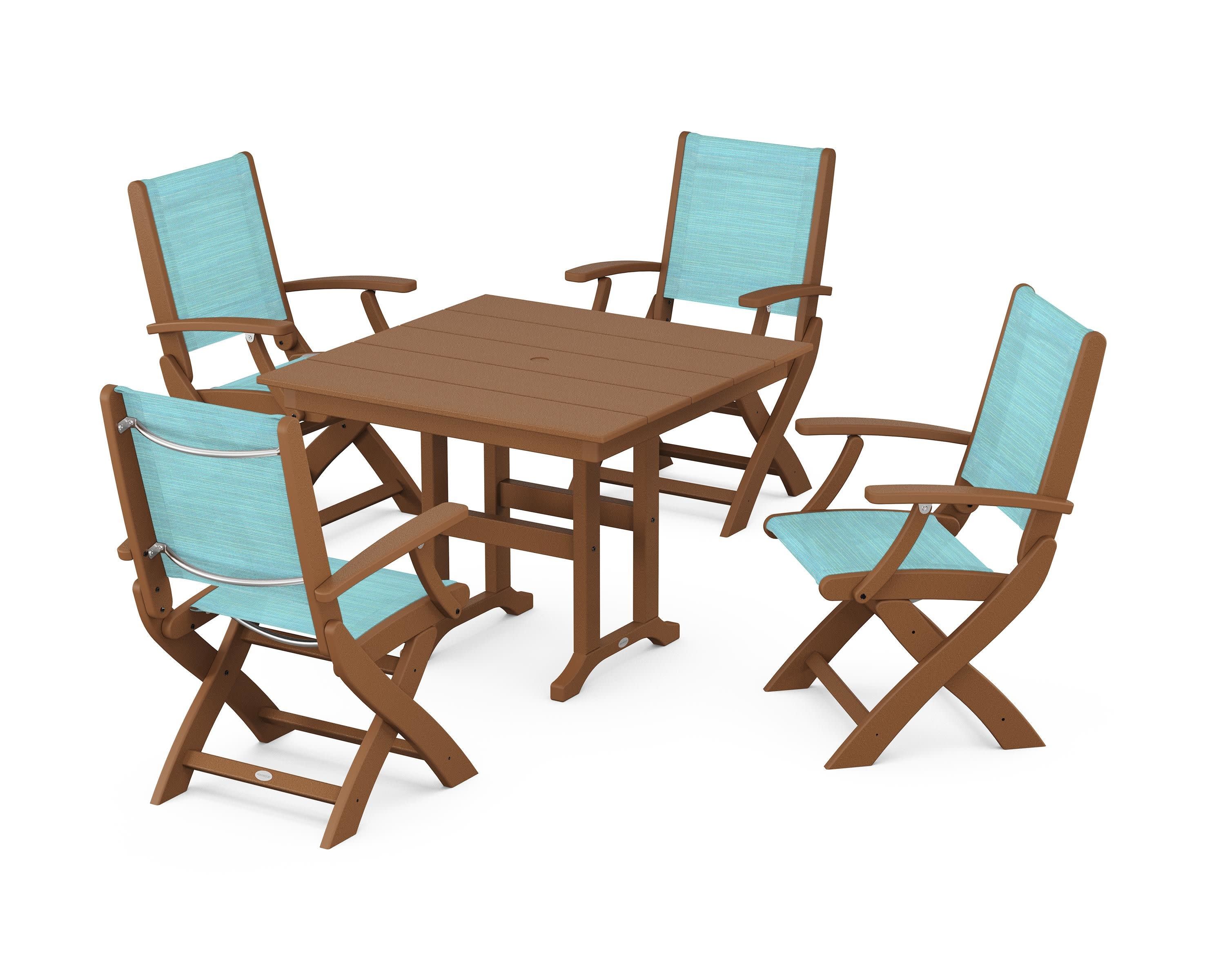Coastal Folding Chair 5-Piece Farmhouse Dining Set in Teak / Dupioni Aquamarine Sling