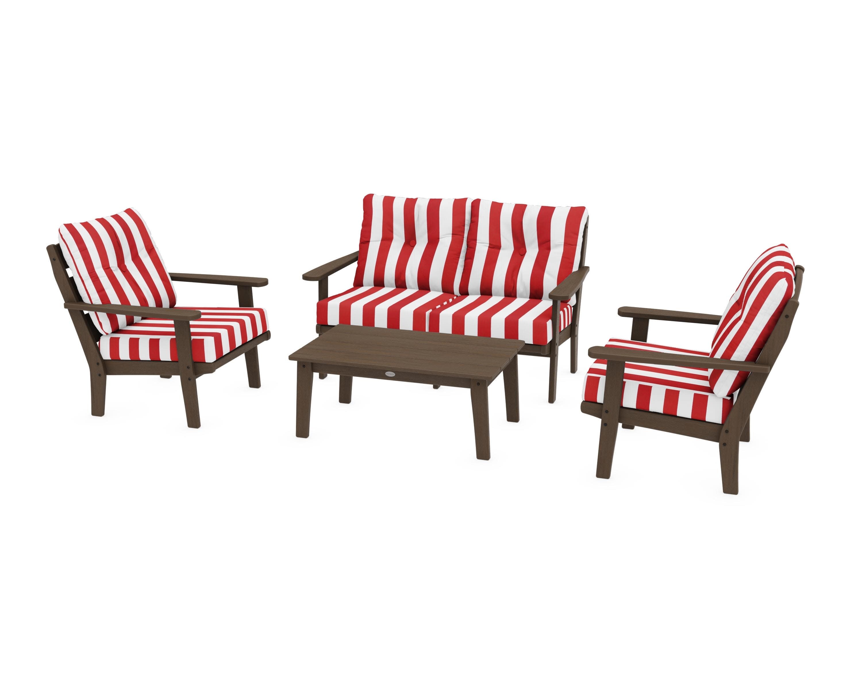 Lakeside 4-Piece Deep Seating Set in Kona / Cabana Stripe Crimson
