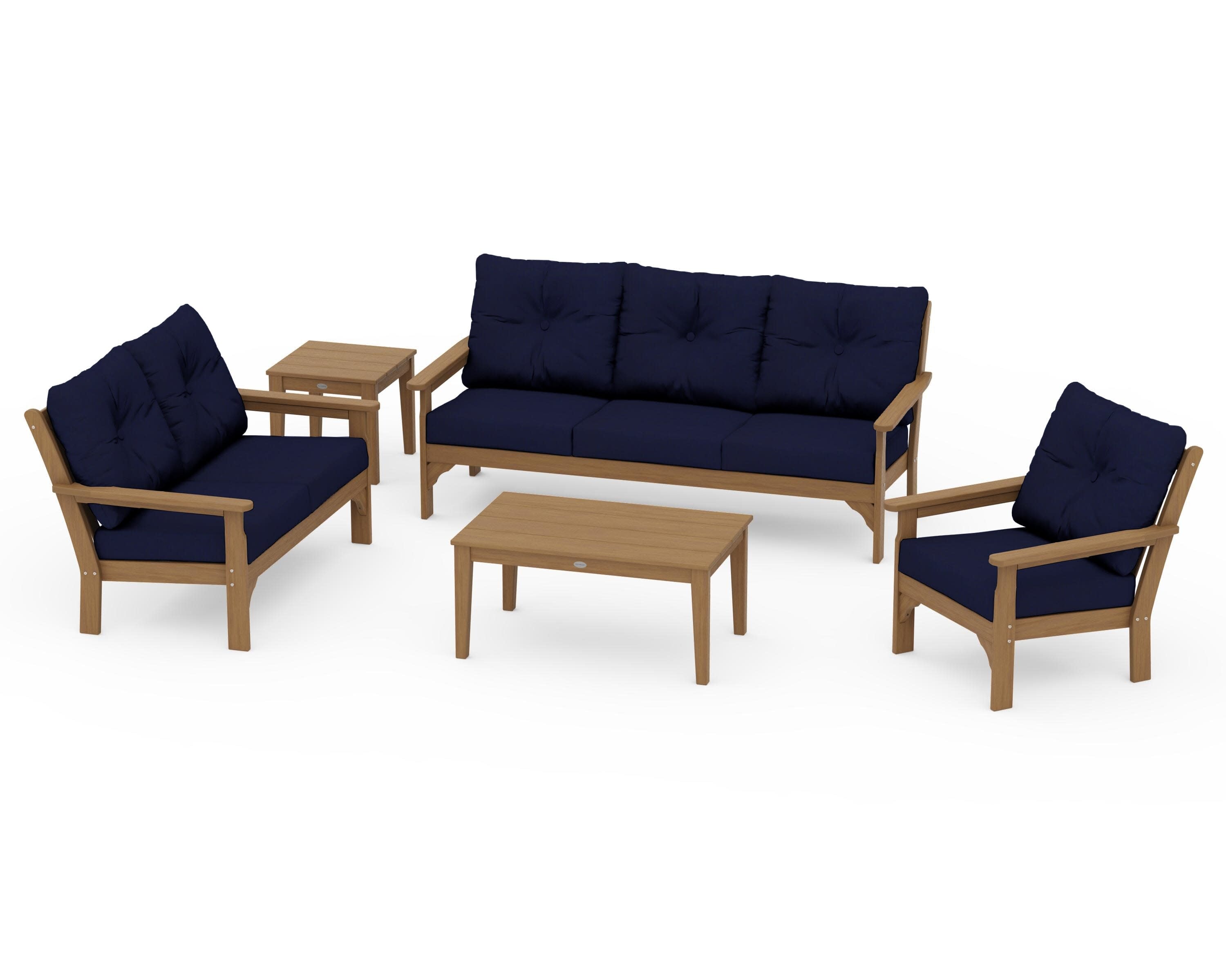 Vineyard 5 Piece Deep Seating Set in Natural / Navy