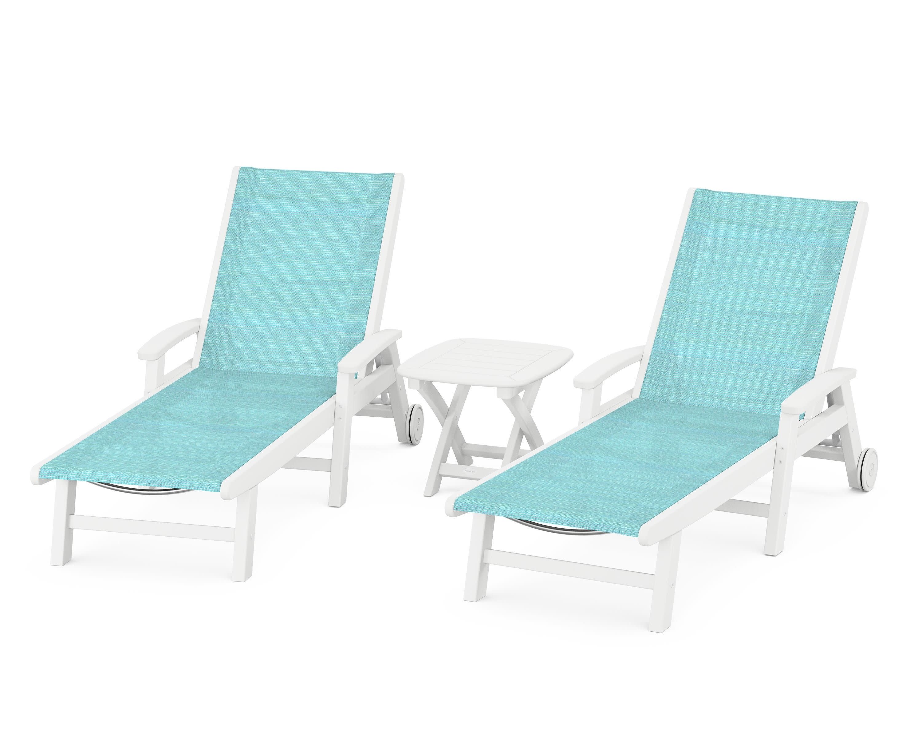 Coastal 3-Piece Wheeled Chaise Set in White / Dupioni Aquamarine Sling