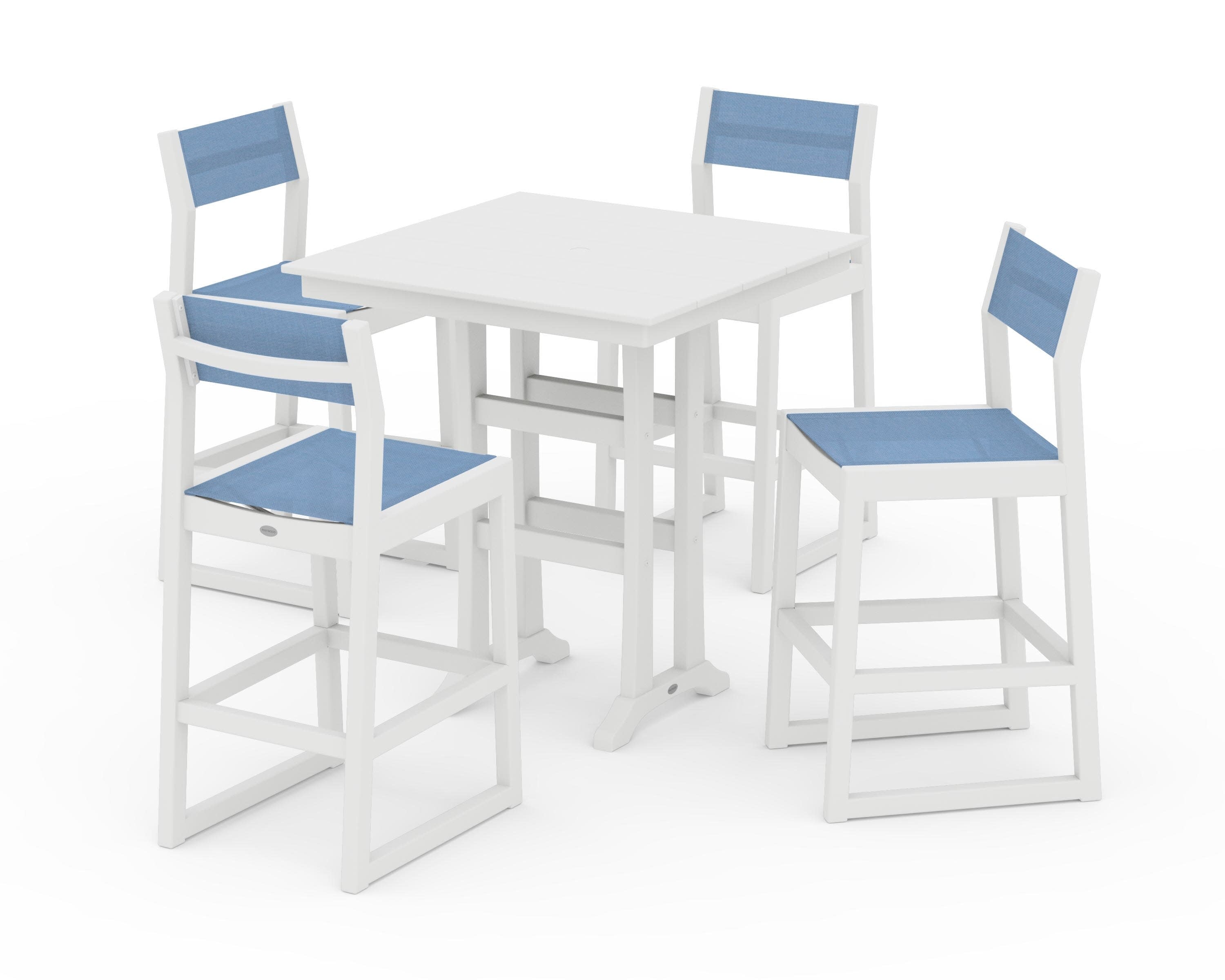 EDGE Sling Arm Chair 5-Piece Farmhouse Bar Set with Trestle Legs in White / Poolside Sling