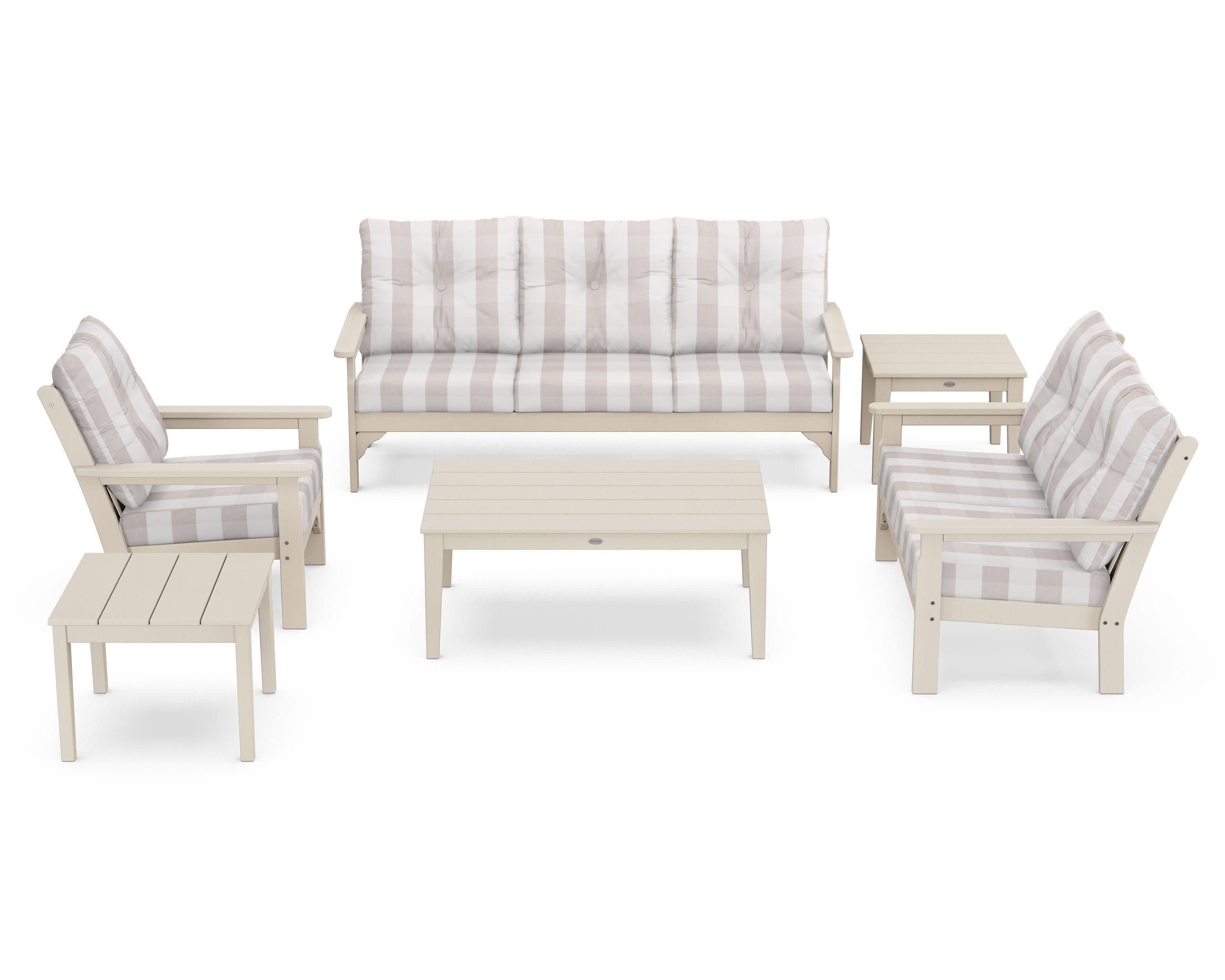 Vineyard 6-Piece Deep Seating Set in Sand / Buffalo Plaid Dune Burlap