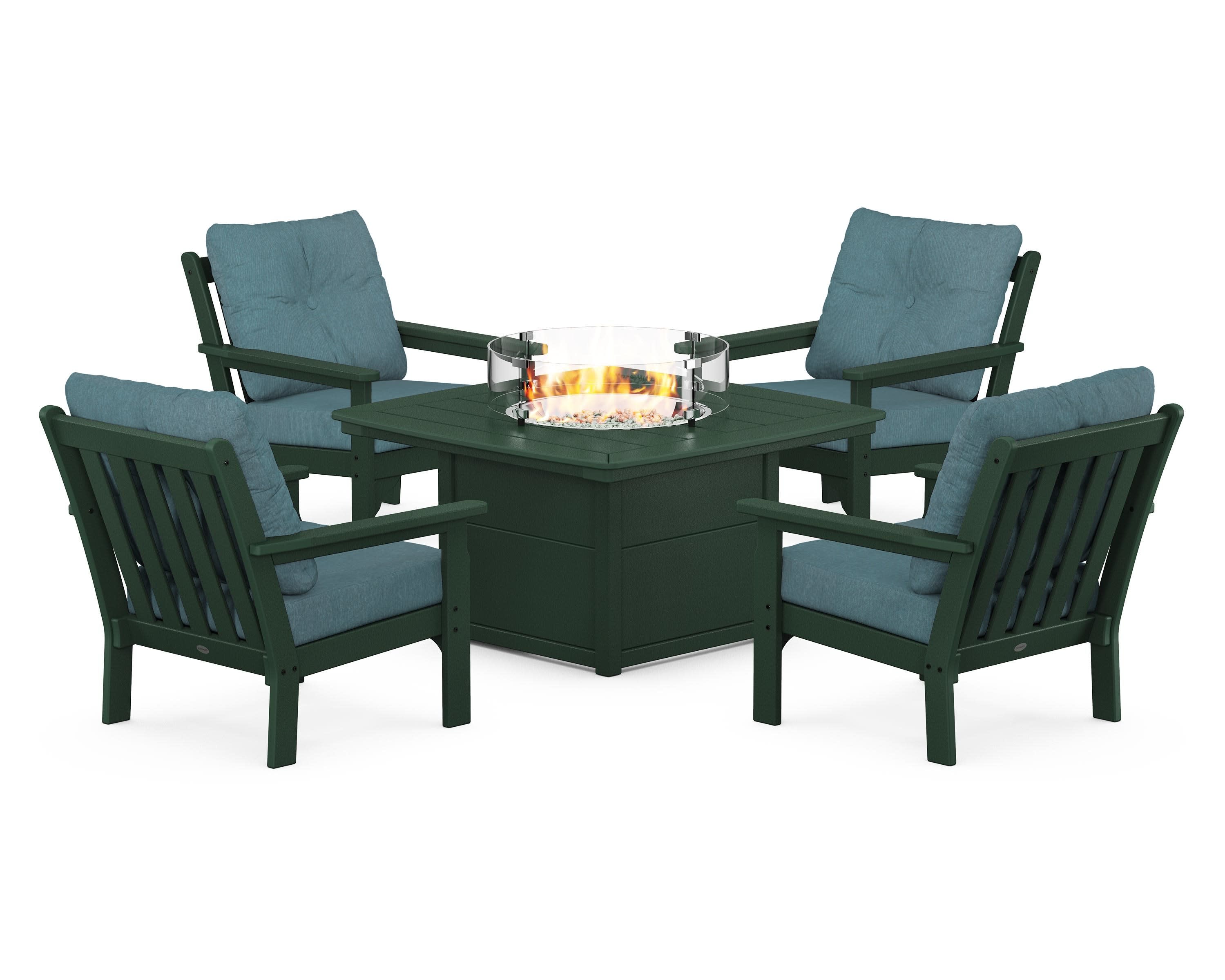 Vineyard 5-Piece Conversation Set with Fire Pit Table in Green / Ocean Teal