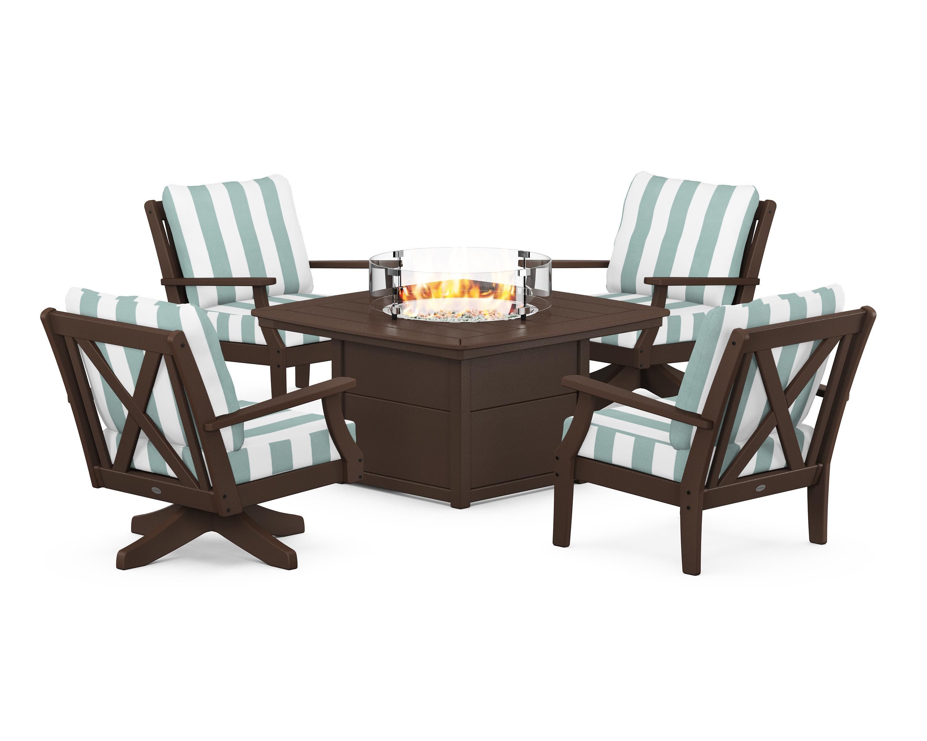 Braxton 5-Piece Deep Seating Set with Fire Table in Mahogany / Cabana Stripe Glacier Spa
