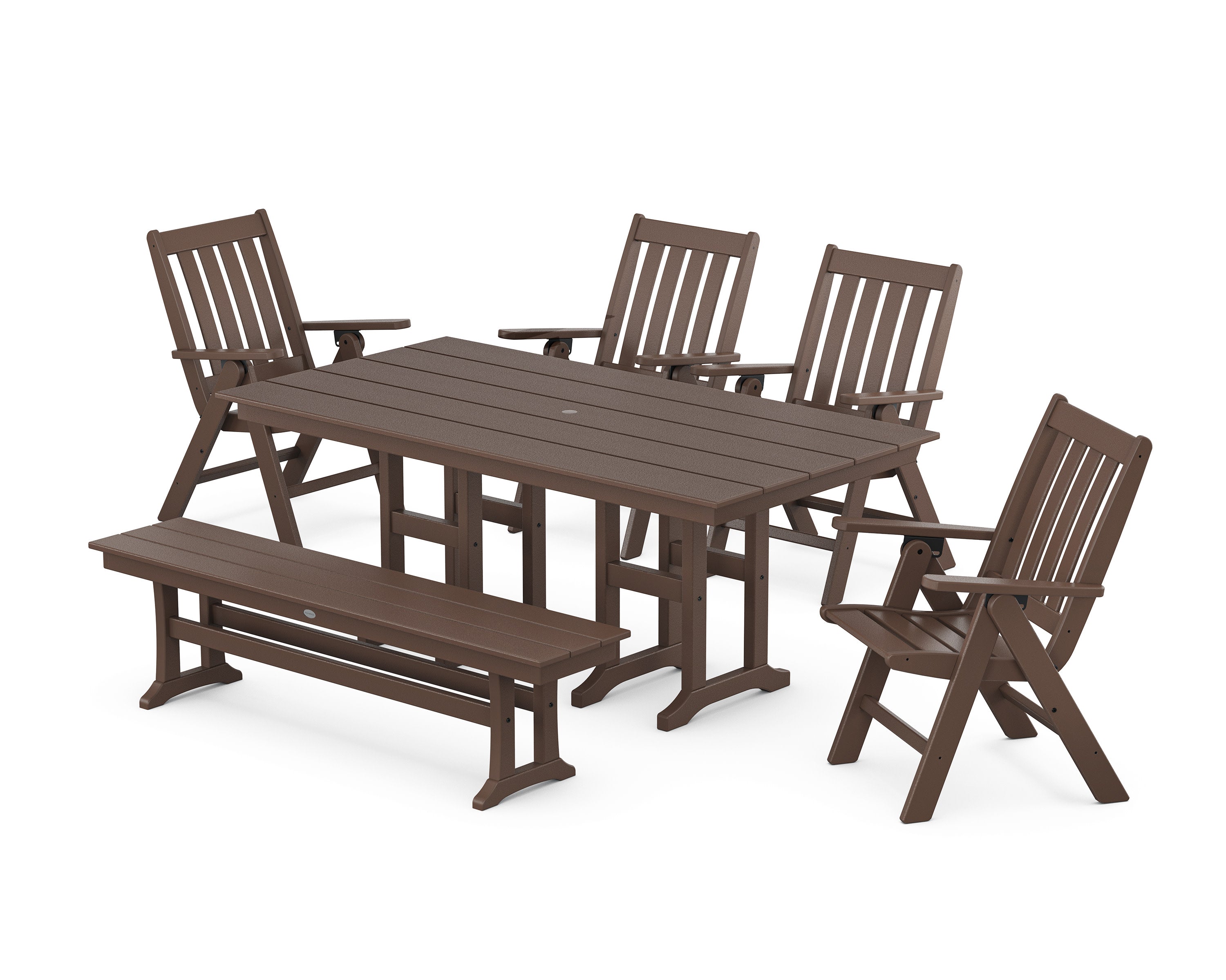 Vineyard Folding Chair 6-Piece Farmhouse Dining Set with Bench in Mahogany