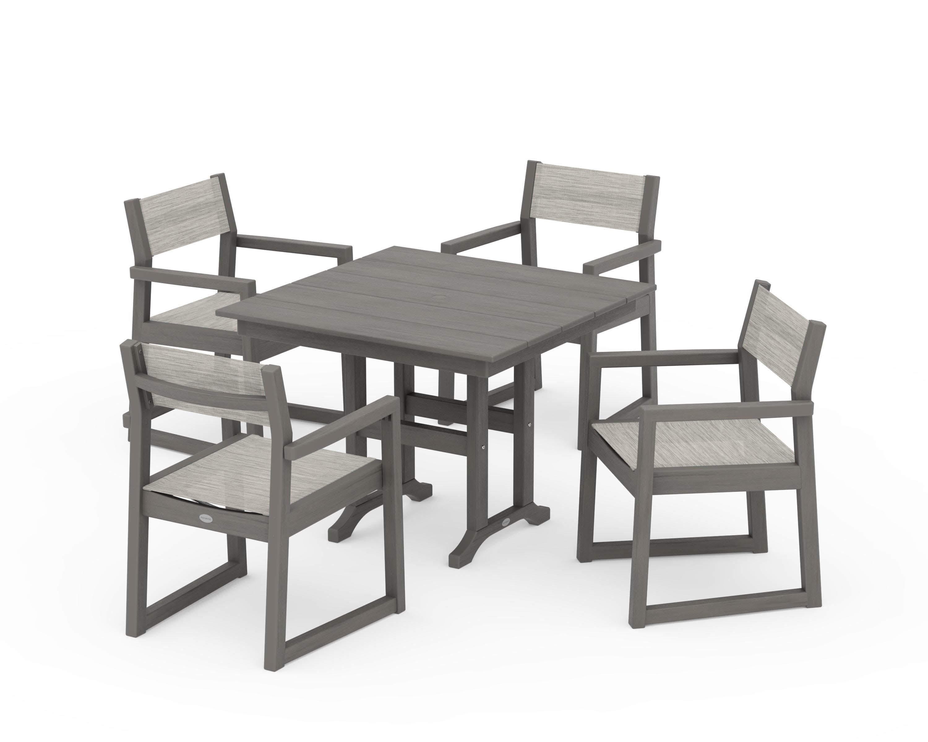 EDGE Sling Arm Chair 5-Piece Farmhouse Dining Set in Driftwood / Birch Sling