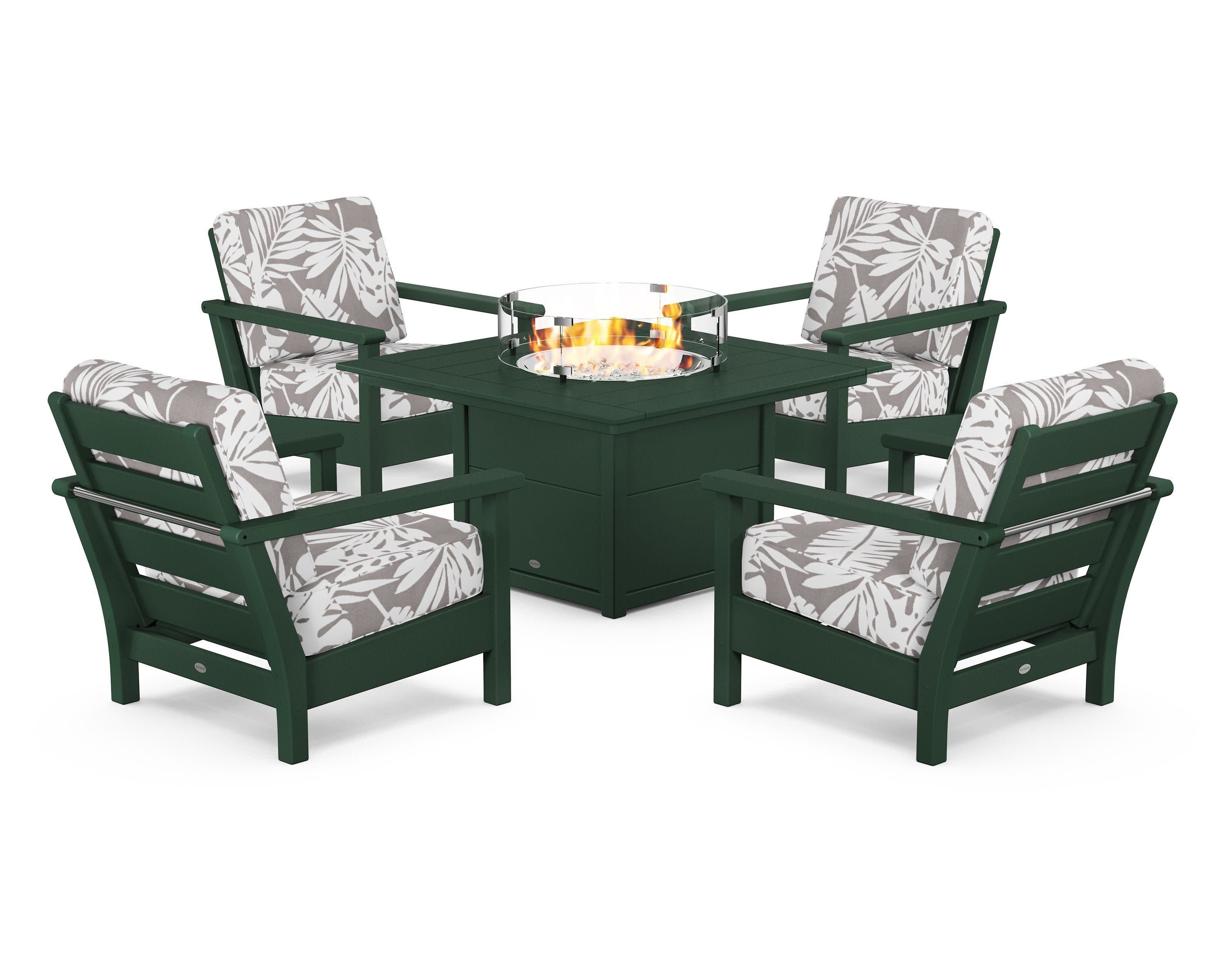 Harbour 5-Piece Conversation Set with Fire Pit Table in Green / Leaf Grey Mist