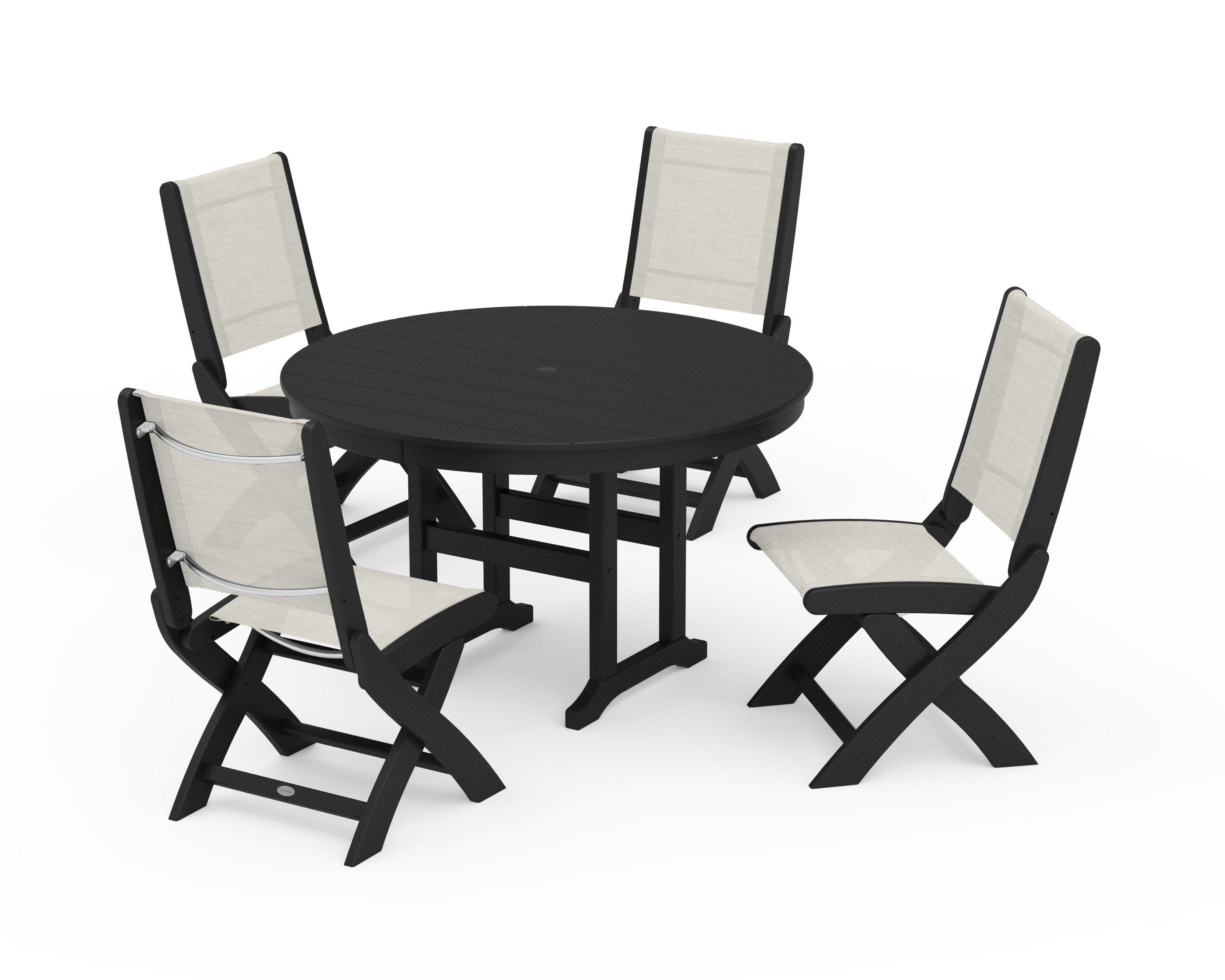Coastal Folding Side Chair 5-Piece Round Dining Set in Black / Parchment Sling