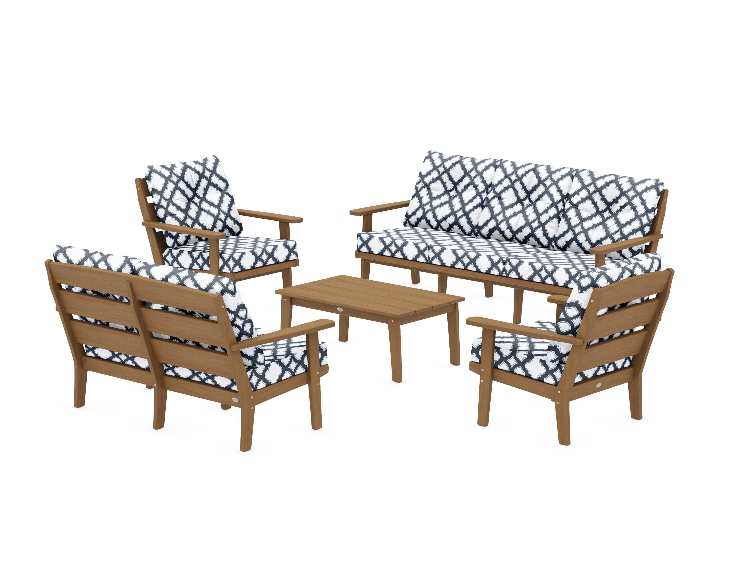 Lakeside 5-Piece Lounge Sofa Set in Natural / Trellis Marine Indigo