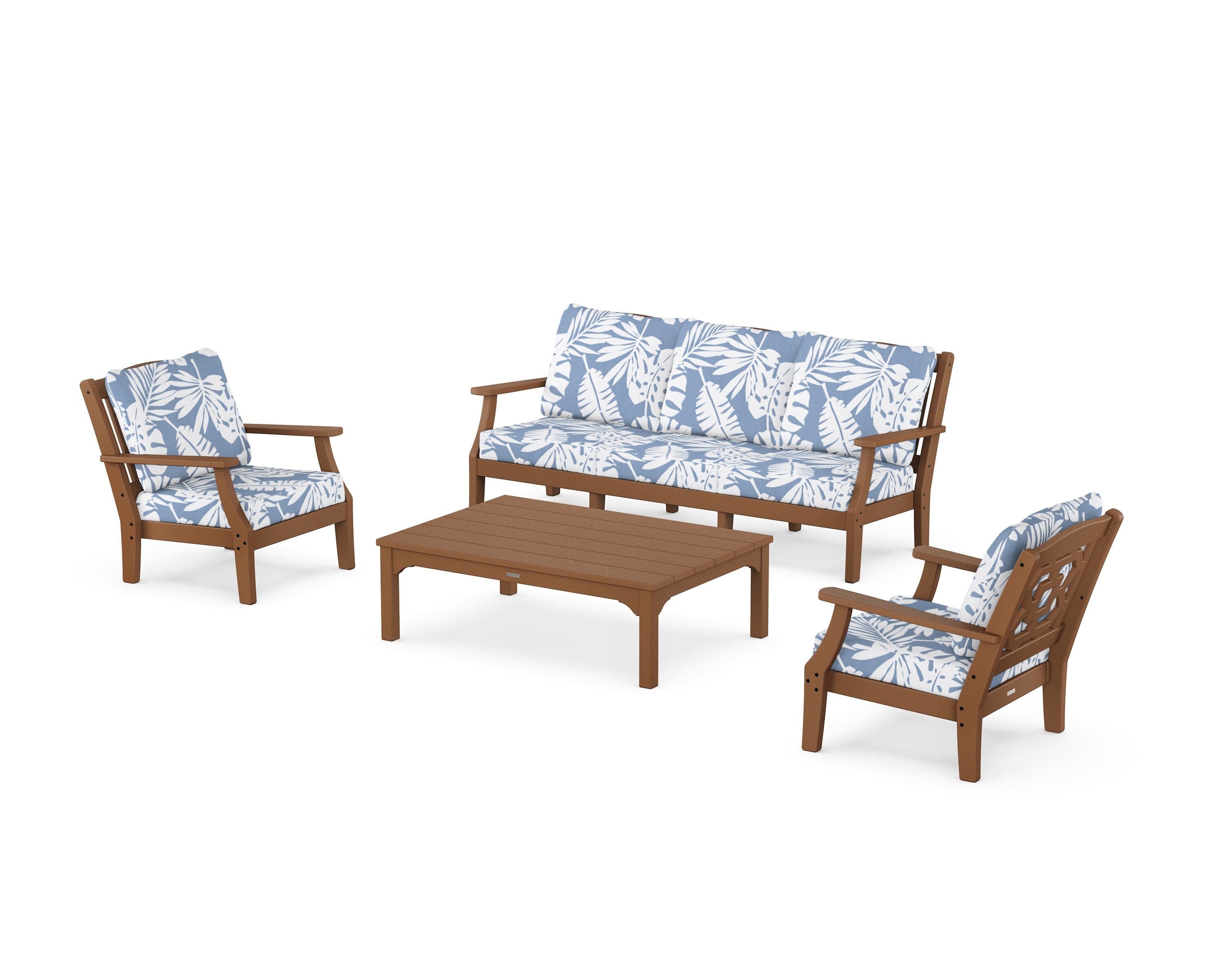 Chinoiserie 4-Piece Deep Seating Set with Sofa in Teak / Leaf Sky Blue