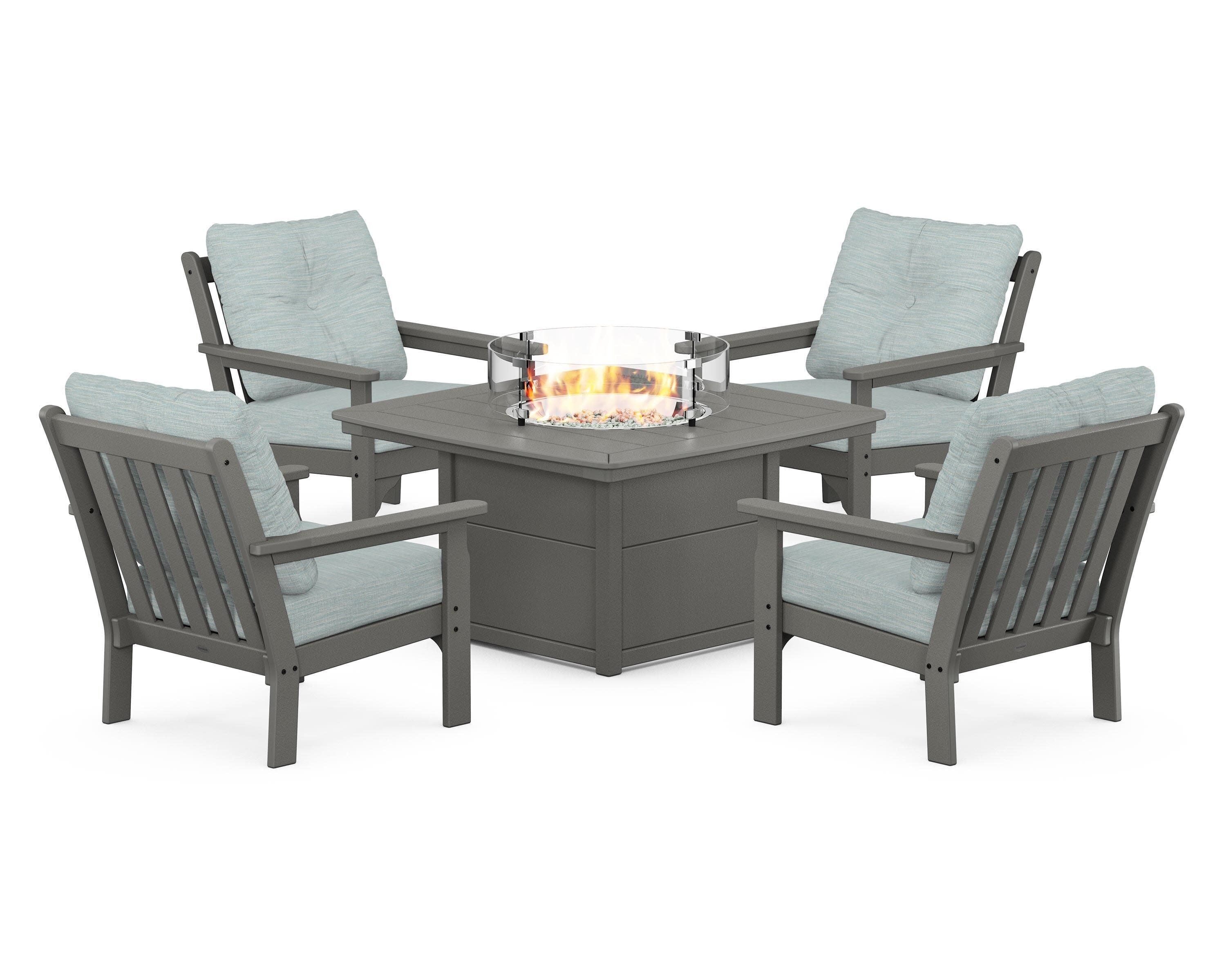 Vineyard 5-Piece Conversation Set with Fire Pit Table in Slate Grey / Soothe Mist