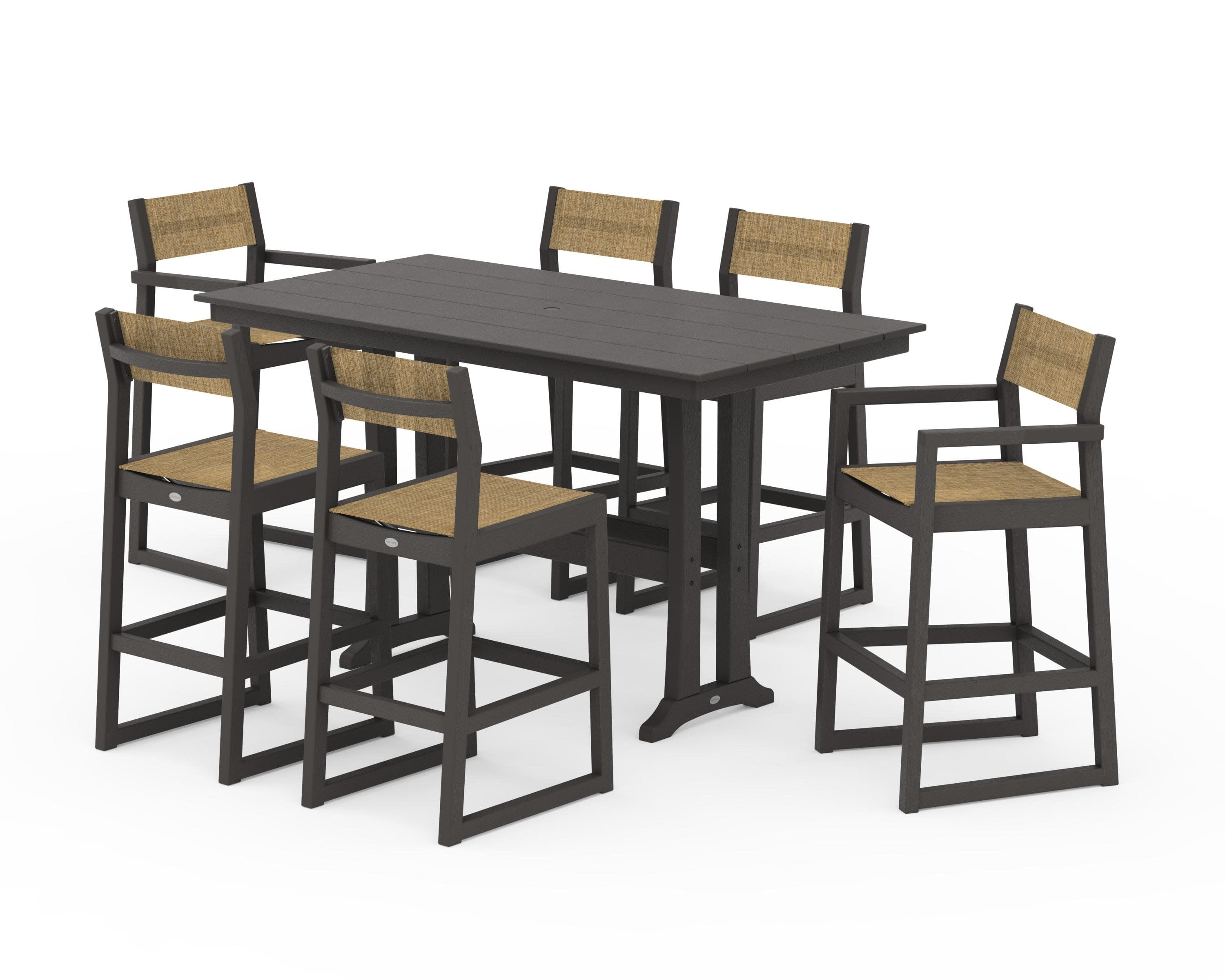 EDGE Sling 7-Piece Farmhouse Bar Set with Trestle Legs in Vintage Coffee / Burlap Sling