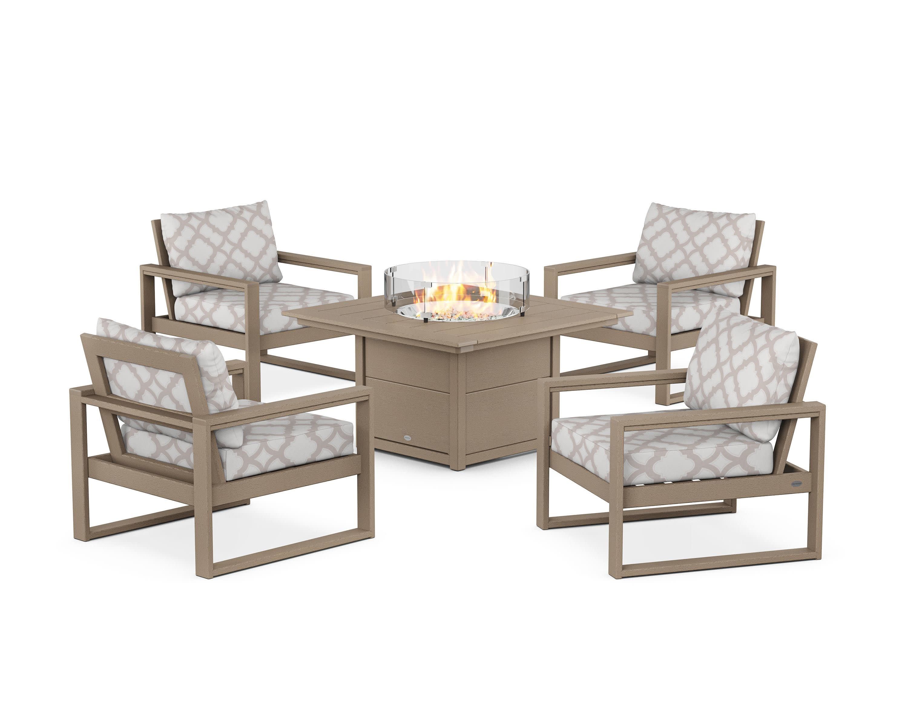 EDGE Sectional 5-Piece Deep Seating Set with Fire Pit Table in Vintage Sahara / Trellis Dune Burlap