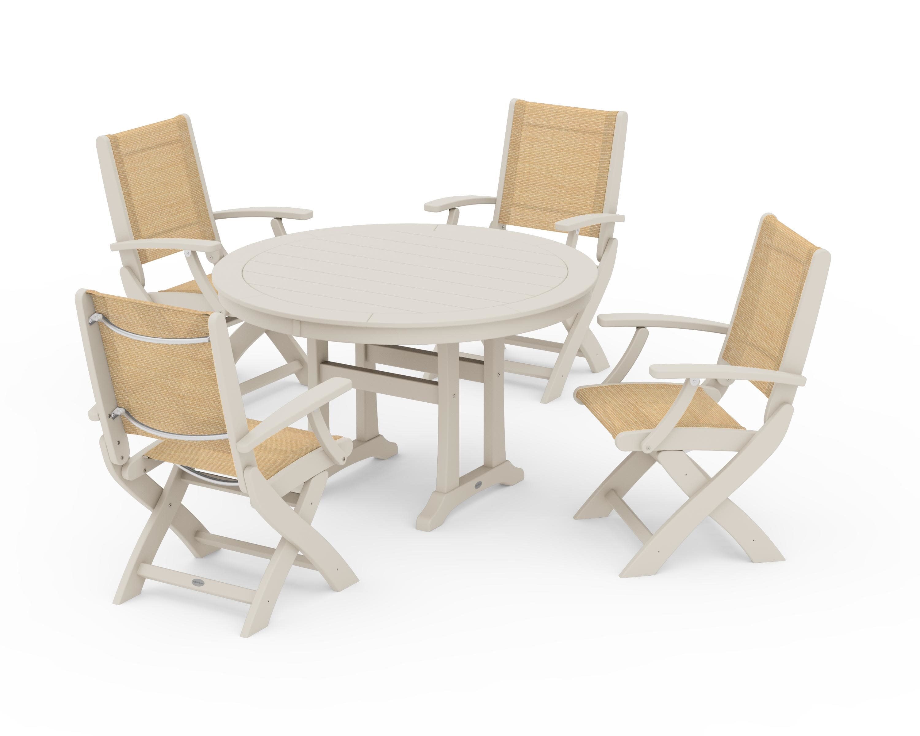 Coastal Folding Chair 5-Piece Round Dining Set with Trestle Legs in Sand / Dupioni Apricot Sling