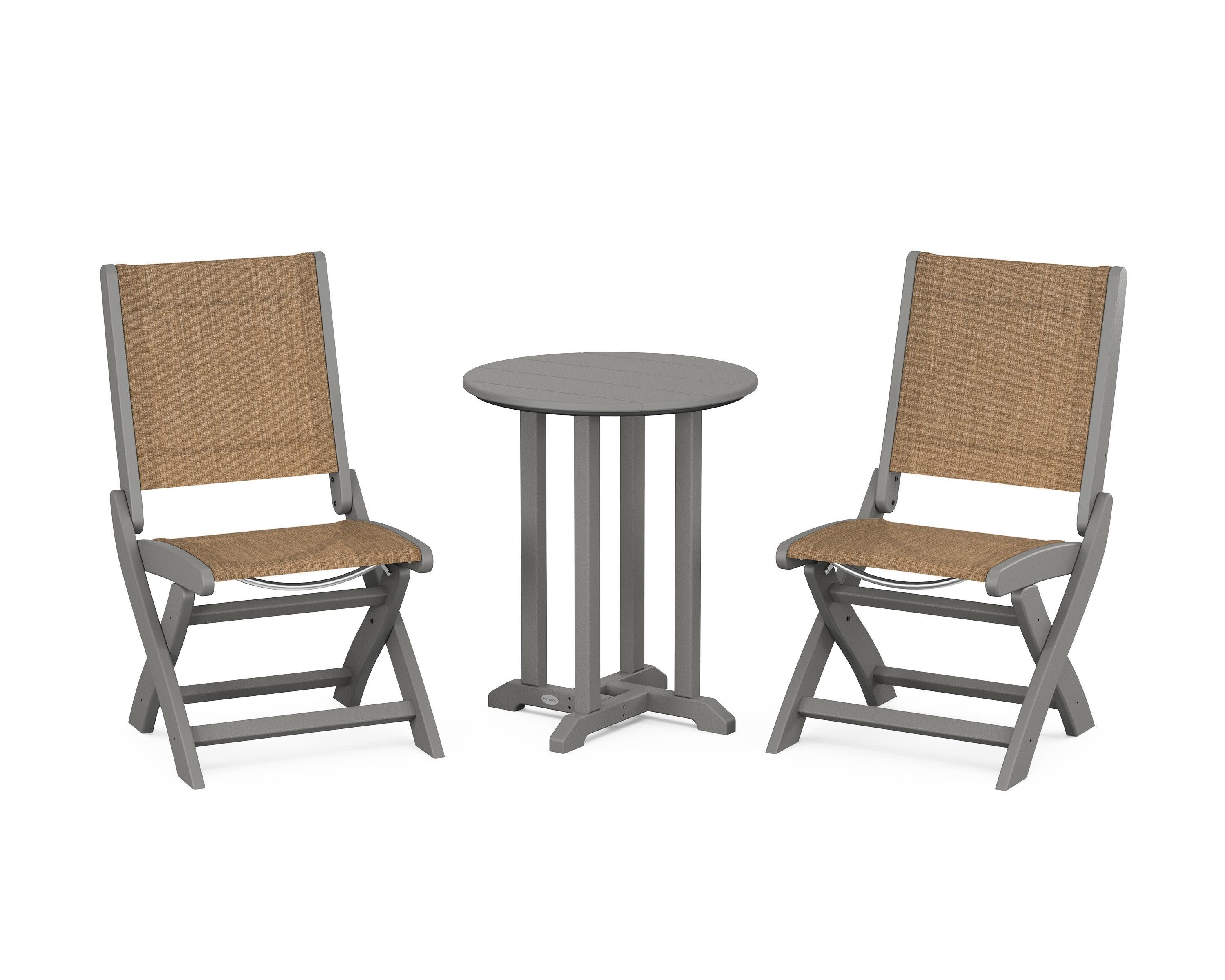 Coastal Folding Side Chair 3-Piece Round Bistro Dining Set in Slate Grey / Burlap Sling