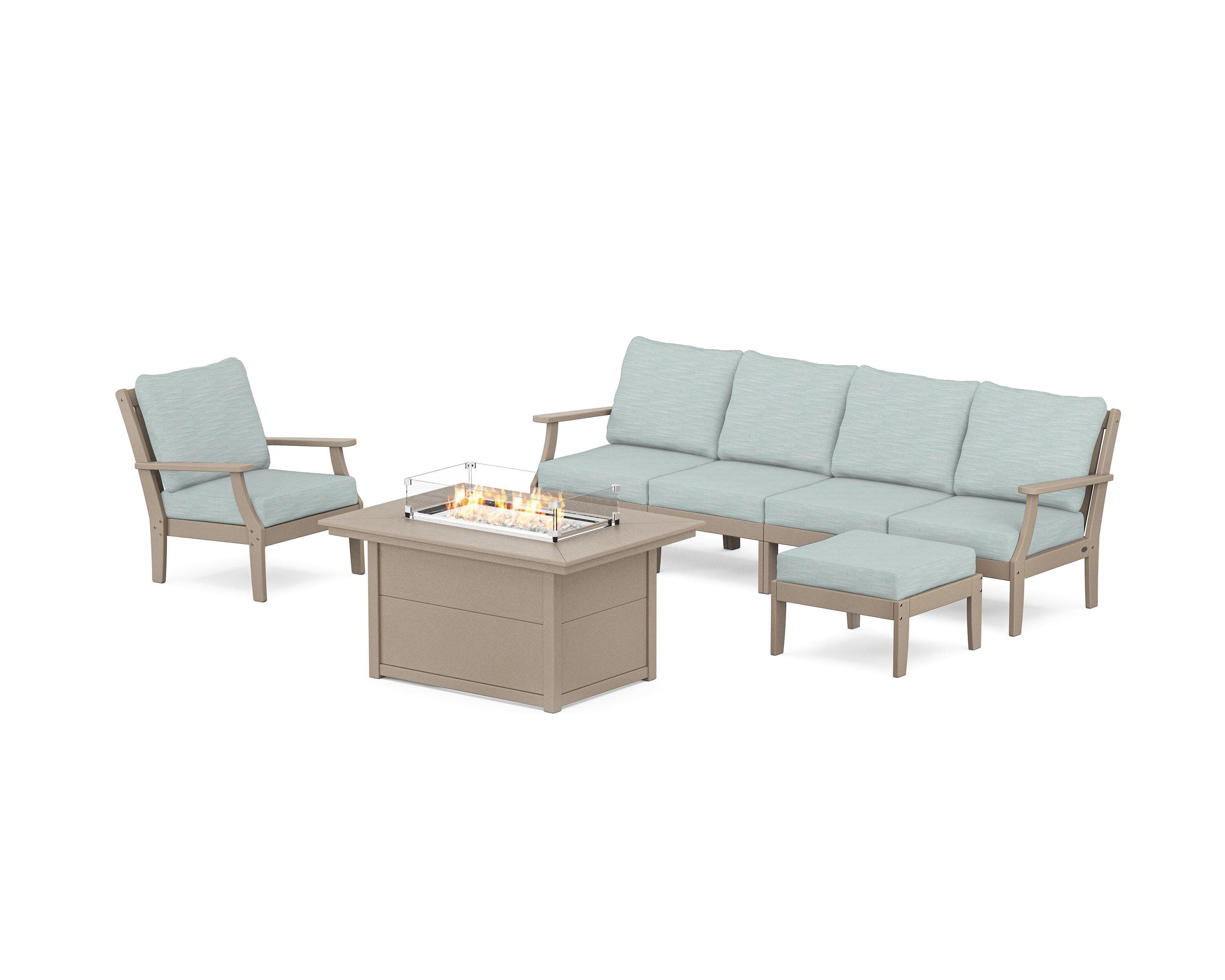Braxton Sectional Lounge and Fire Pit Set in Vintage Sahara / Soothe Mist