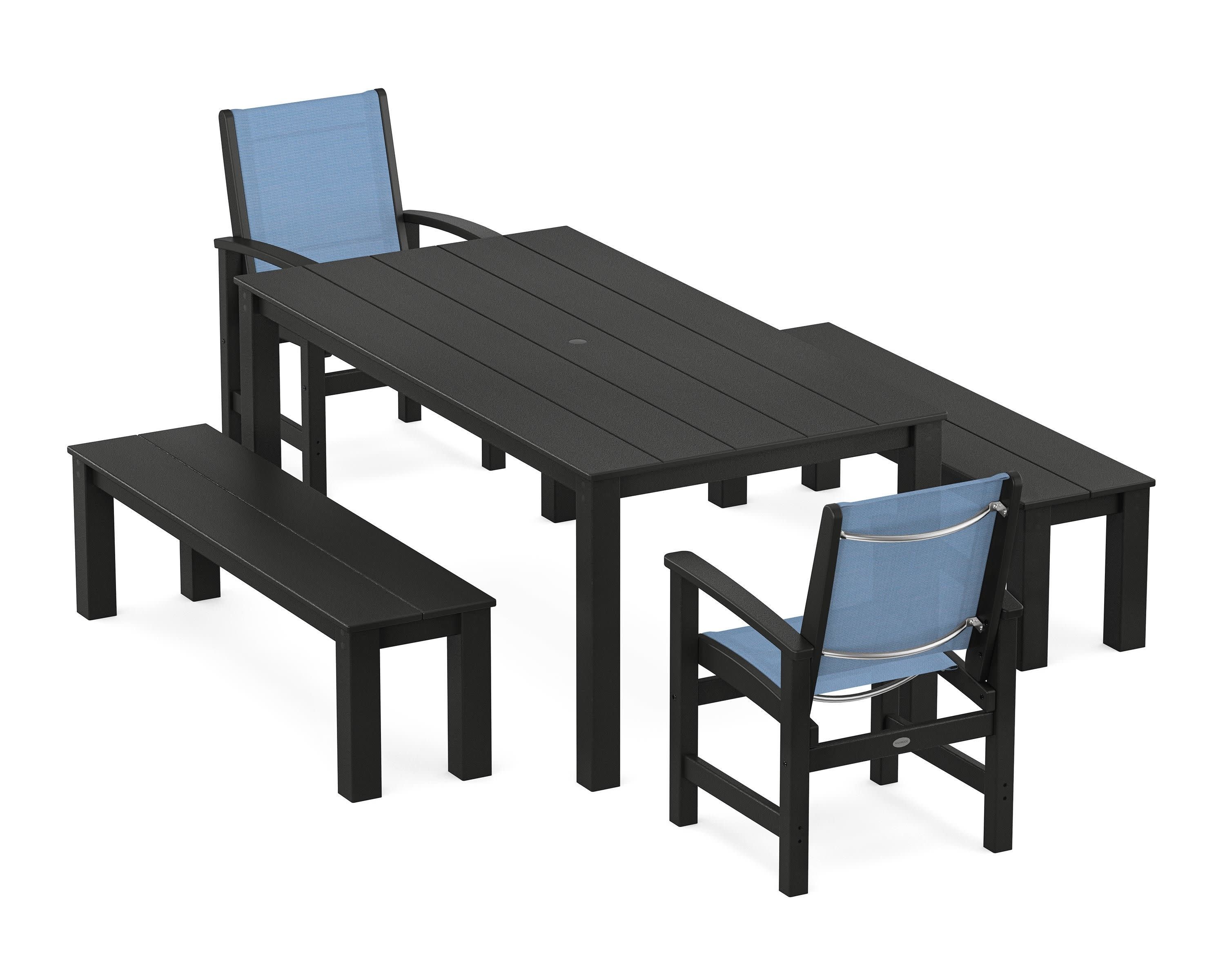 Coastal 5-Piece Parsons Dining Set with Benches in Black / Poolside Sling