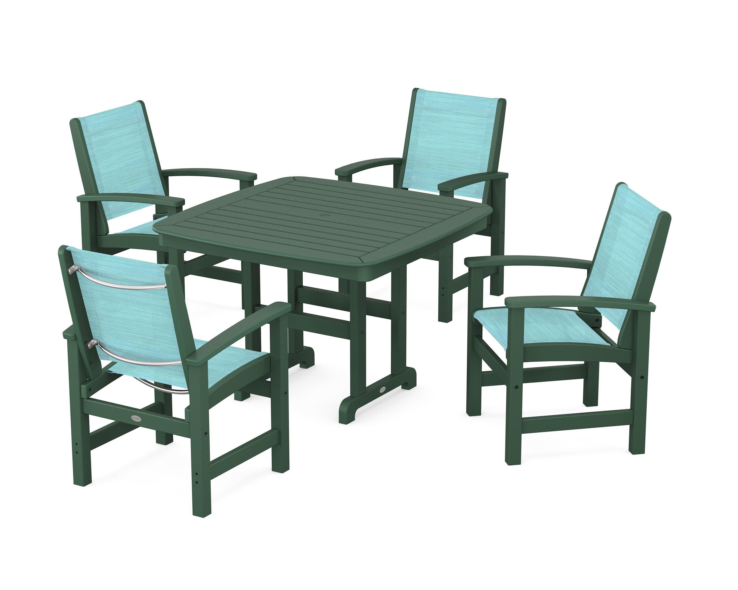 Coastal 5-Piece Dining Set in Green / Dupioni Aquamarine Sling