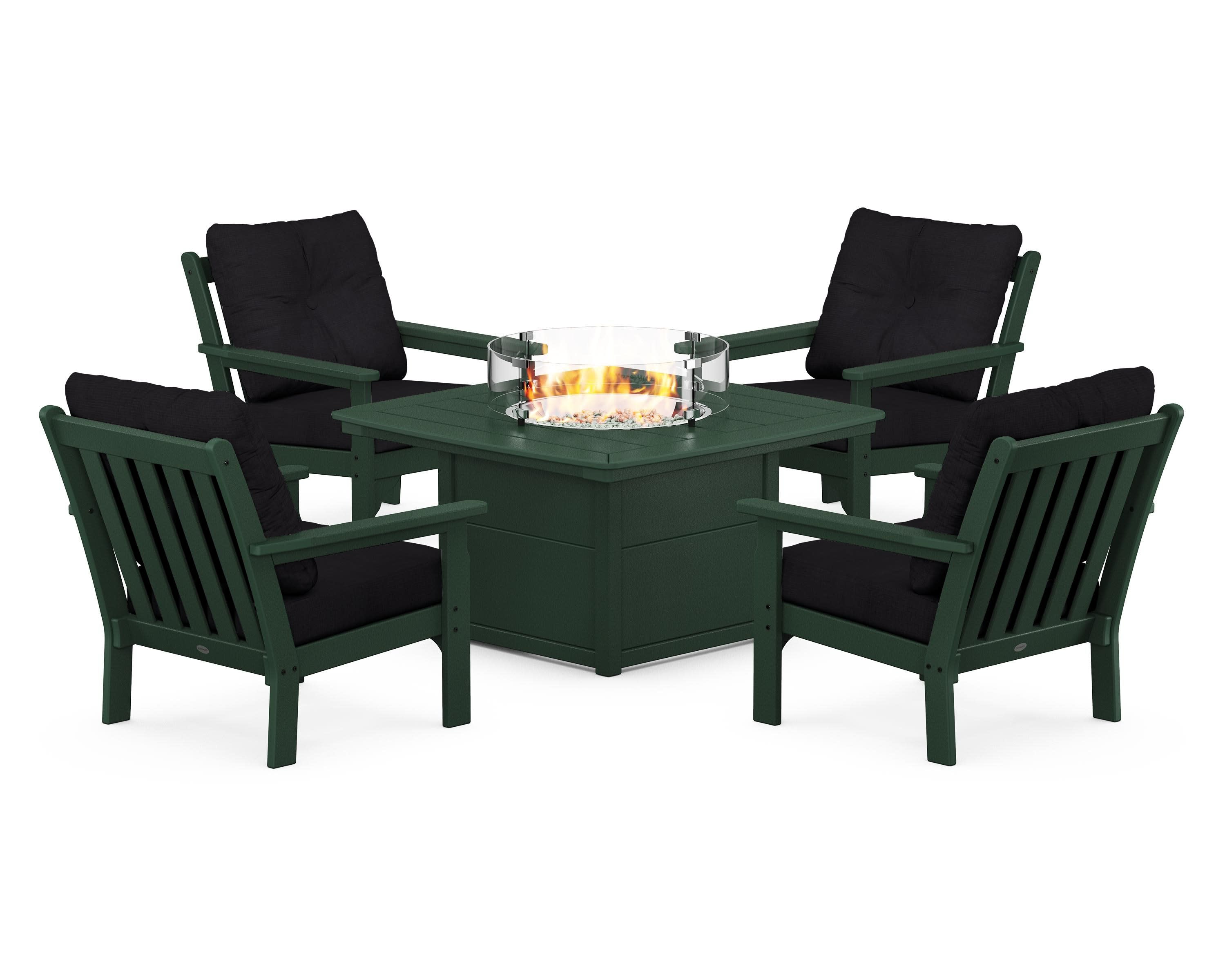 Vineyard 5-Piece Conversation Set with Fire Pit Table in Green / Midnight Linen