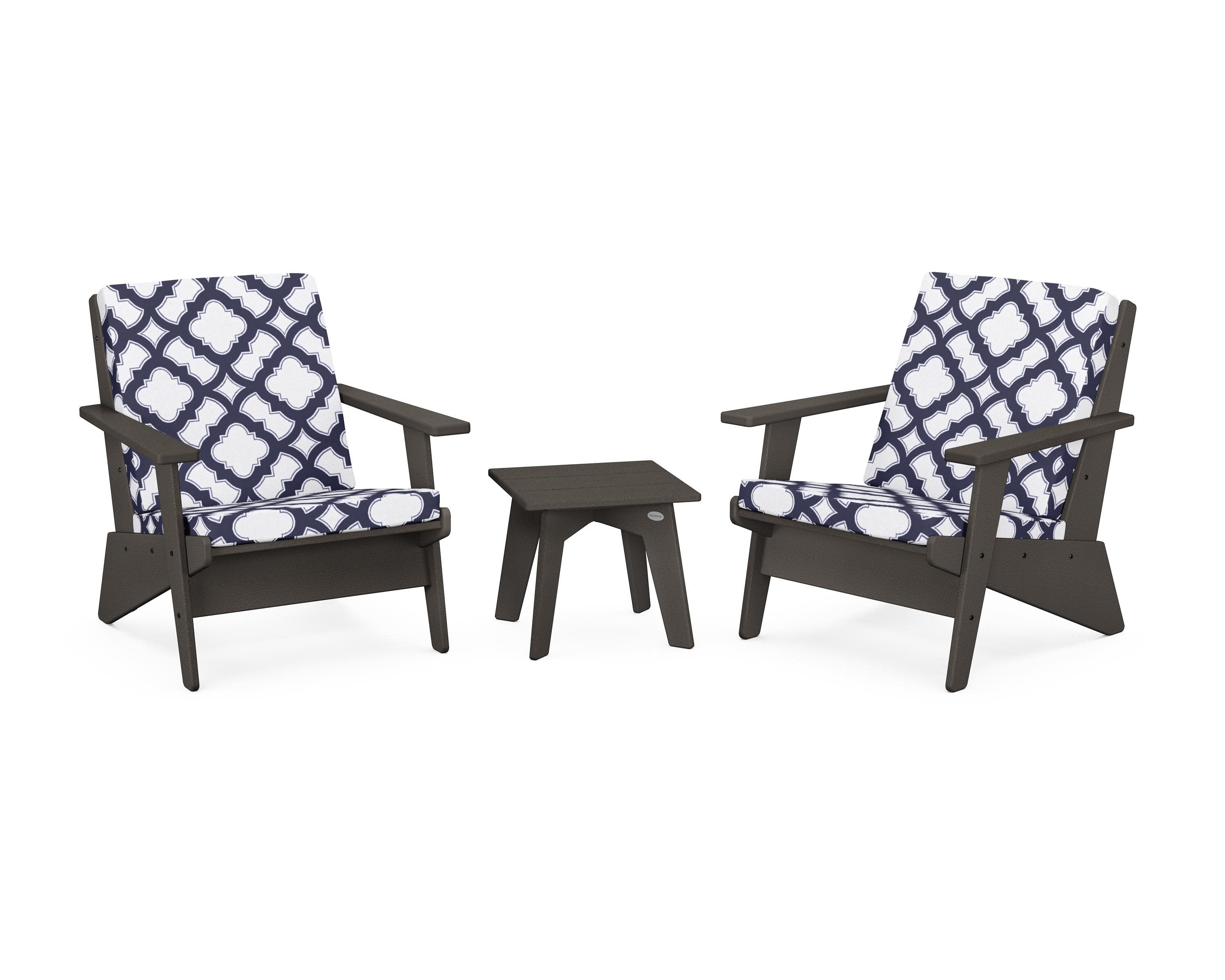 Riviera Modern Lounge 3-Piece Set in Vintage Coffee / Trellis Navy