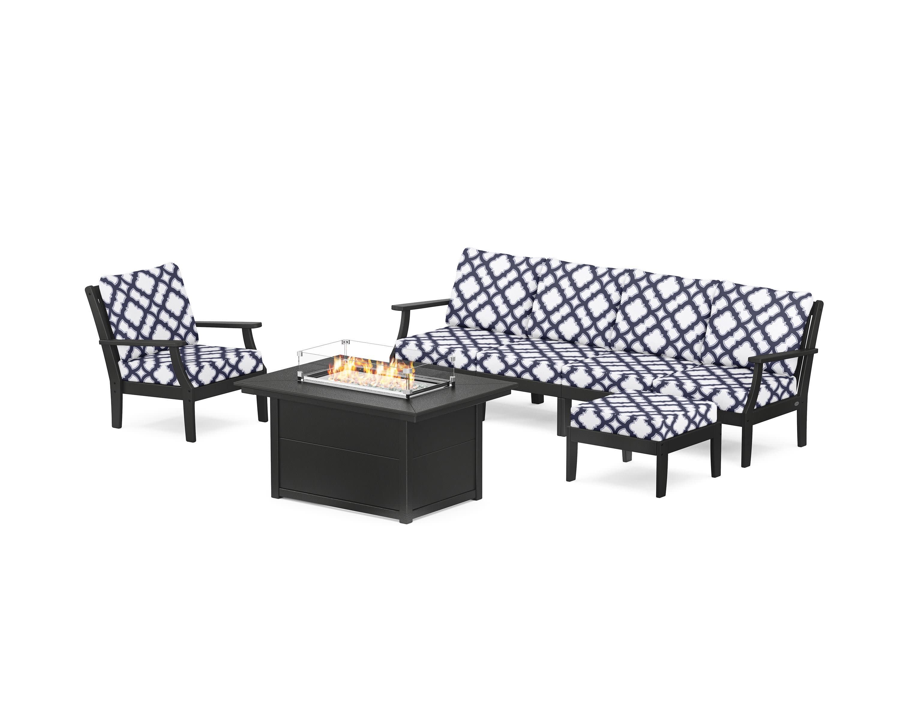 Braxton Sectional Lounge and Fire Pit Set in Black / Trellis Navy