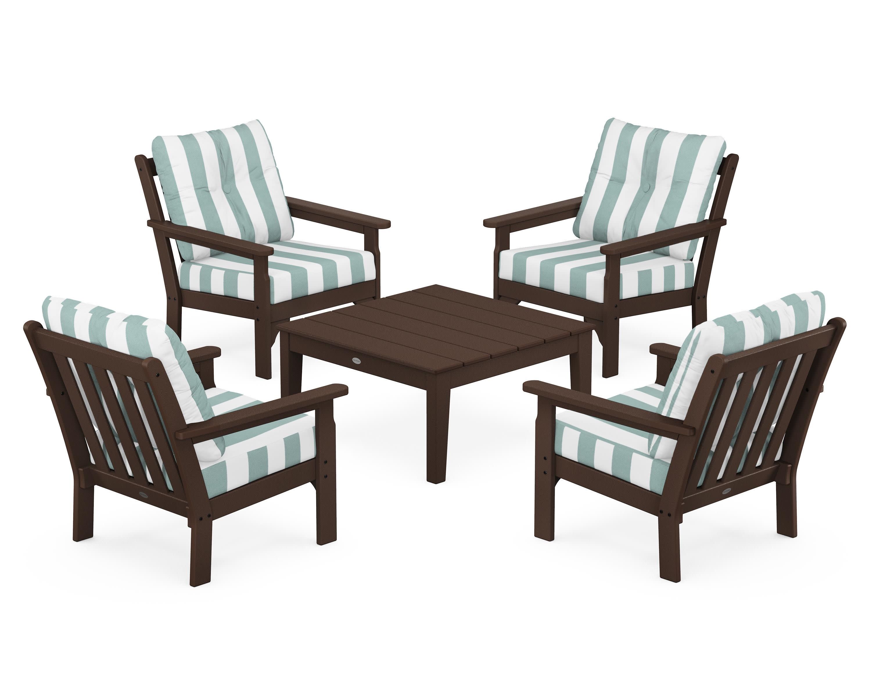 Vineyard 5-Piece Deep Seating Conversation Set in Mahogany / Cabana Stripe Glacier Spa